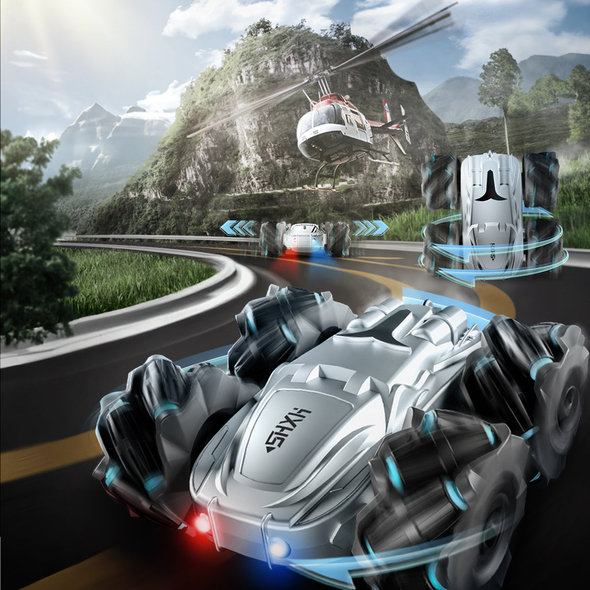 HDJ Remote Control Car,Double Sided 360° Rotating 4WD RC Cars, 2.4GHz Electric Race Stunt Toy Car Rechargeable Toy Cars for Boys Girls Birthday(Silver/Black)