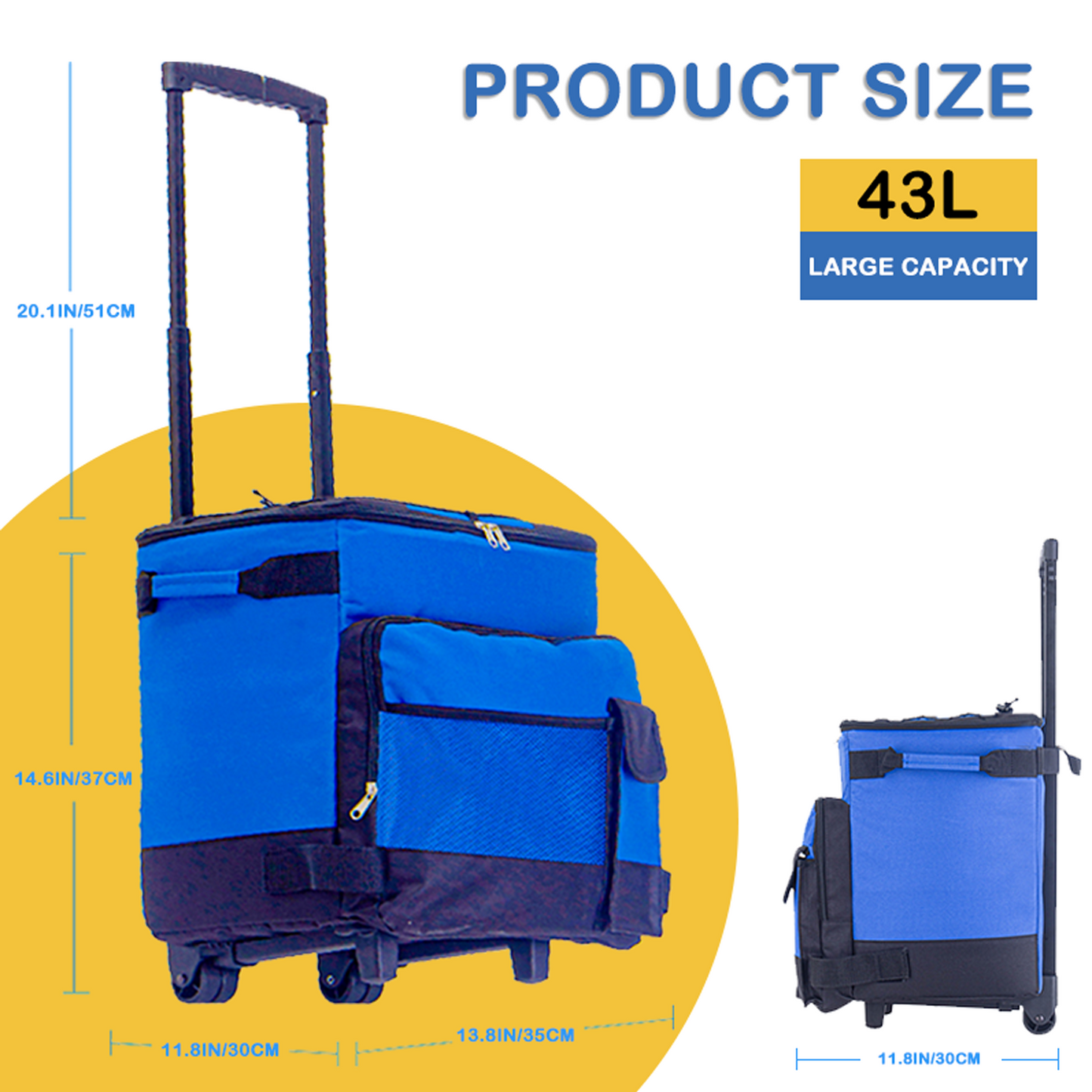 Rolling Cooler, HDJ 43L Large Leakproof Soft Cooler Bag with Wheels and Handle for Beach Camping Patio Travel Outdoor, Blue/Black/Grey/Red
