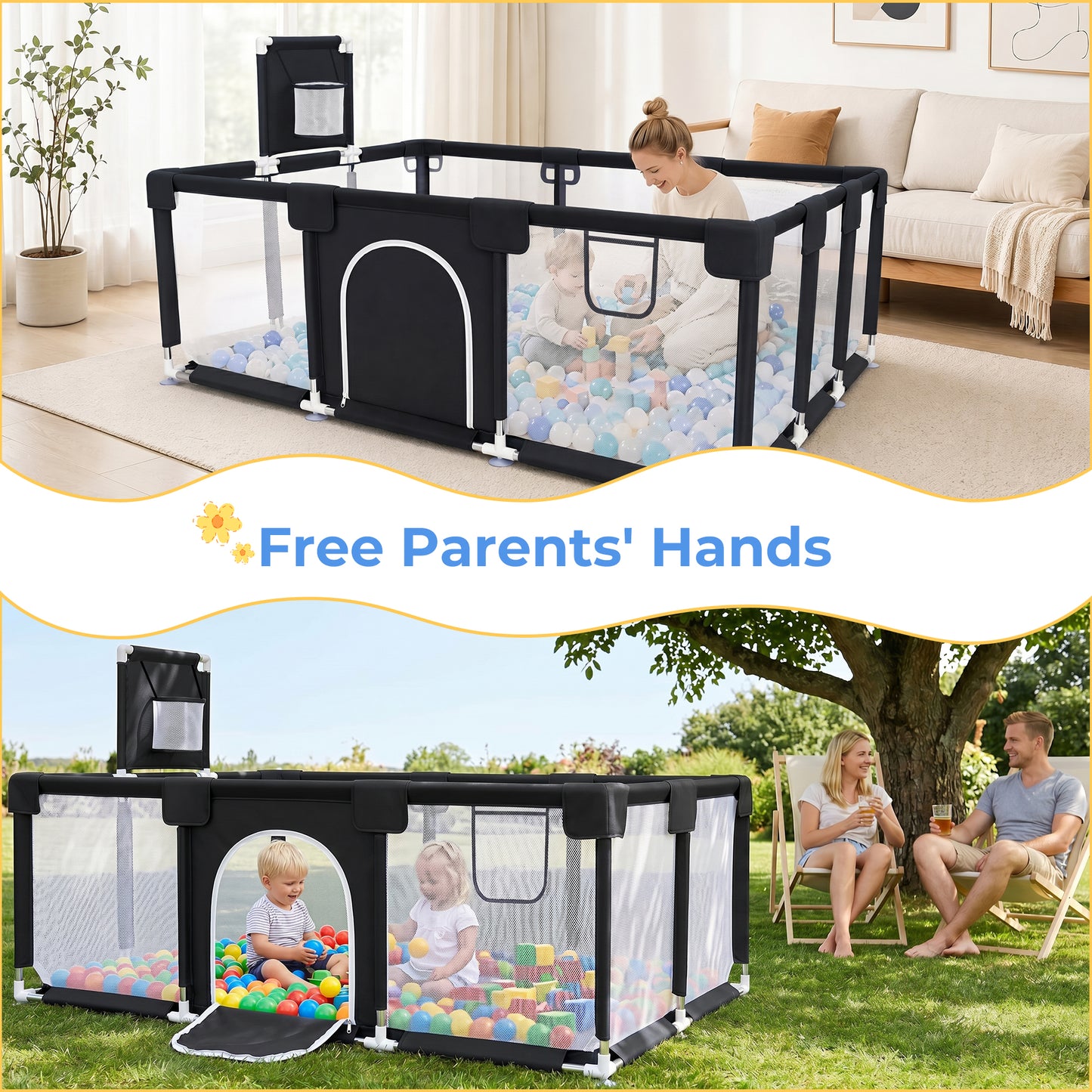 Baby Playpen, HDJ 71 inch Extra Large Baby Playard with Basketball Hoop, Toddlers Play Yard Fence for Indoors Outdoors, Black/Blue/Gray