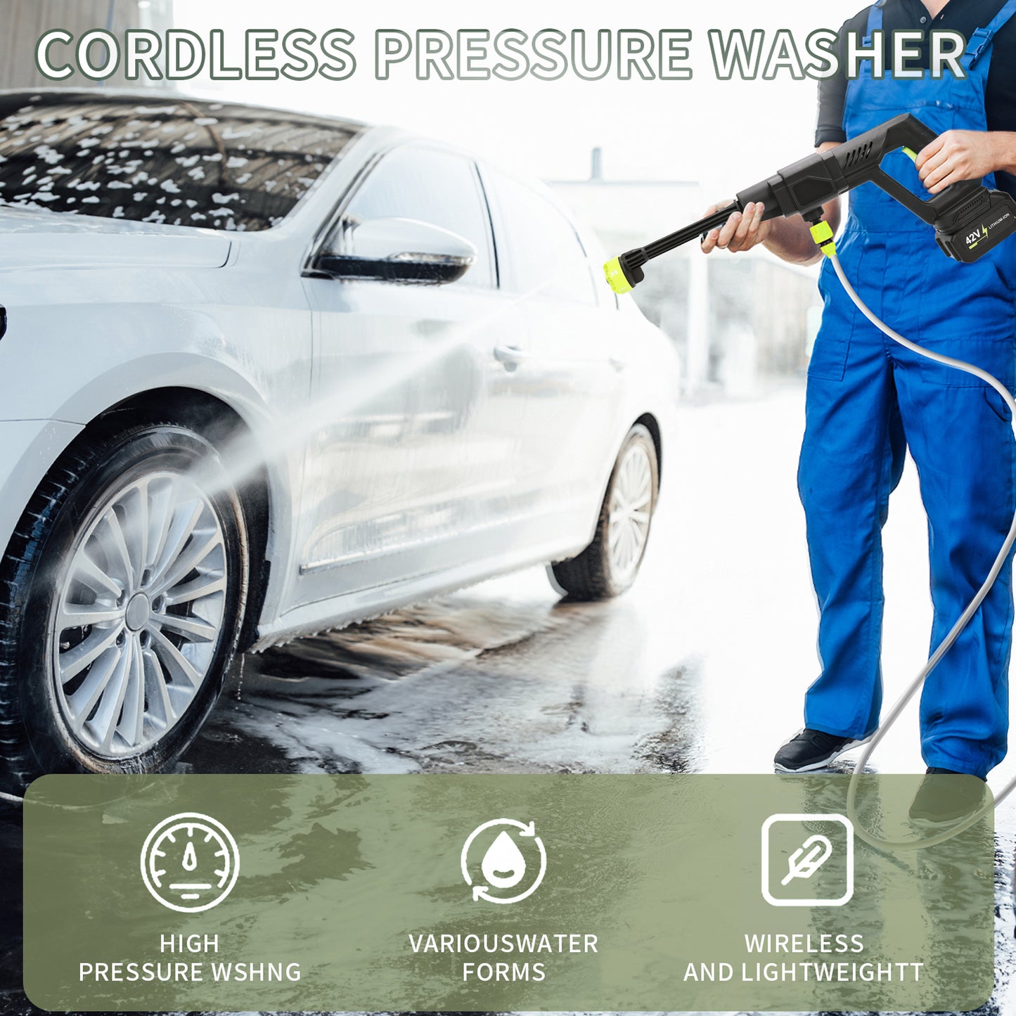 HDJ 42V Cordless Pressure Washer Car Washer Machine with 2 Battery, 1 Charger, 16.4ft Water Pipe and 6-in-1 Adjustable Nozzle, 800 PSI
