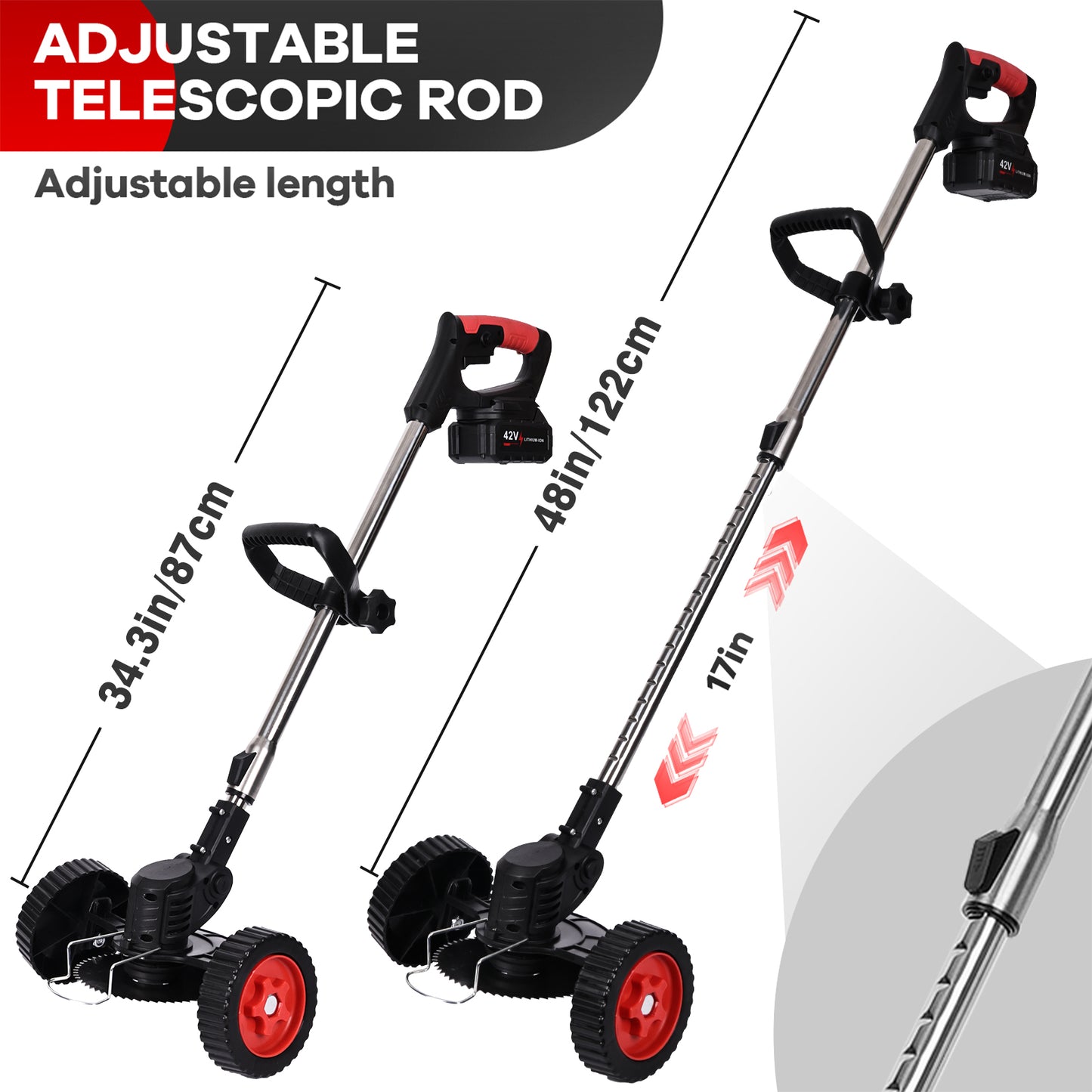 Cordless String Trimmer, HDJ 42V 48-in Telescopic Electric Weed Wacker on Wheels, Grass Trimmer with 4 Types Blades and 6000mAh Battery Powered for Garden, Yard, Black