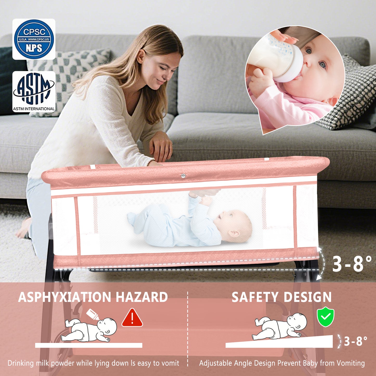 Baby Bassinet, HDJ Bedside Sleeper Bassinet with Storage Basket for Infant, Bedside Crib for 0-6 Months, Dark Gray/Pink