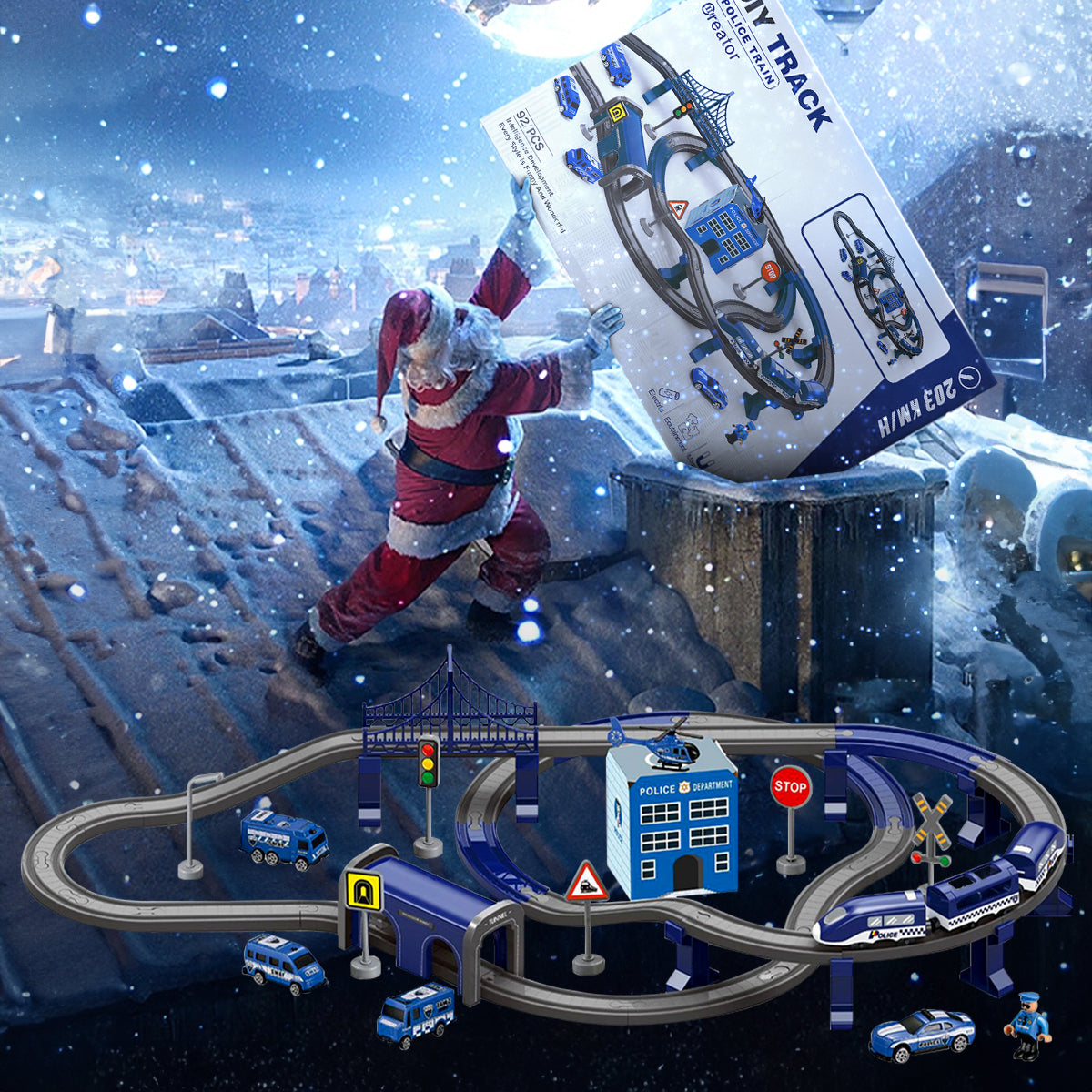 Toys Train Set for Kids, HDJ 92PCS Race Track Set for Boys Christmas Birthday Gift ,Police Toy with Cars, Copter