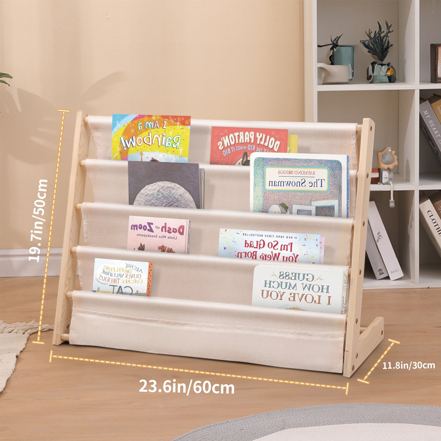 Kids Bookshelf, HDJ 4 Tier Wooden and Canvas Kids Bookcase, Sling Rack Bookshelf for Kids, Toddler Bookshelf for Playroom, Bedroom, Toddler Room, Nursery, Beige