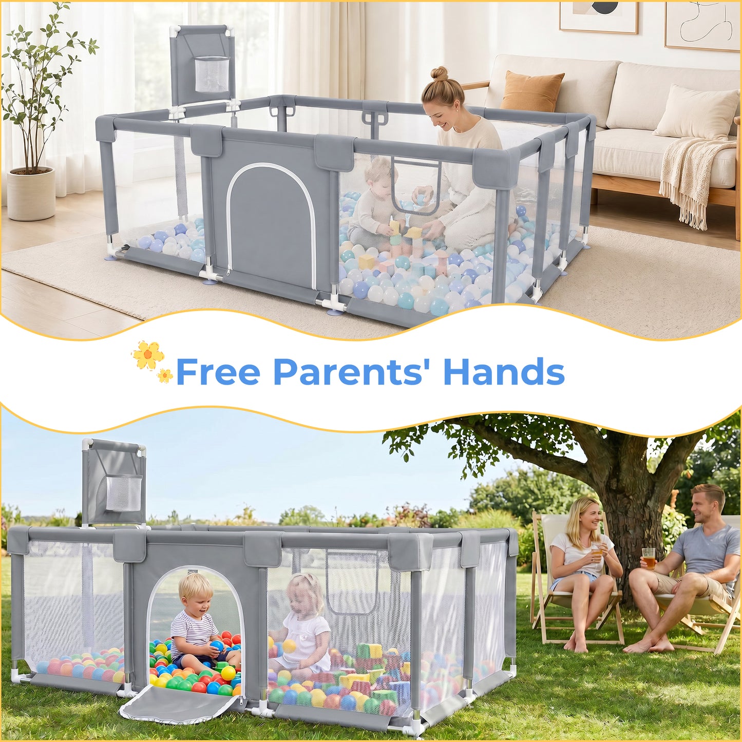 Baby Playpen, HDJ 71 inch Extra Large Baby Playard with Basketball Hoop, Toddlers Play Yard Fence for Indoors Outdoors, Black/Blue/Gray