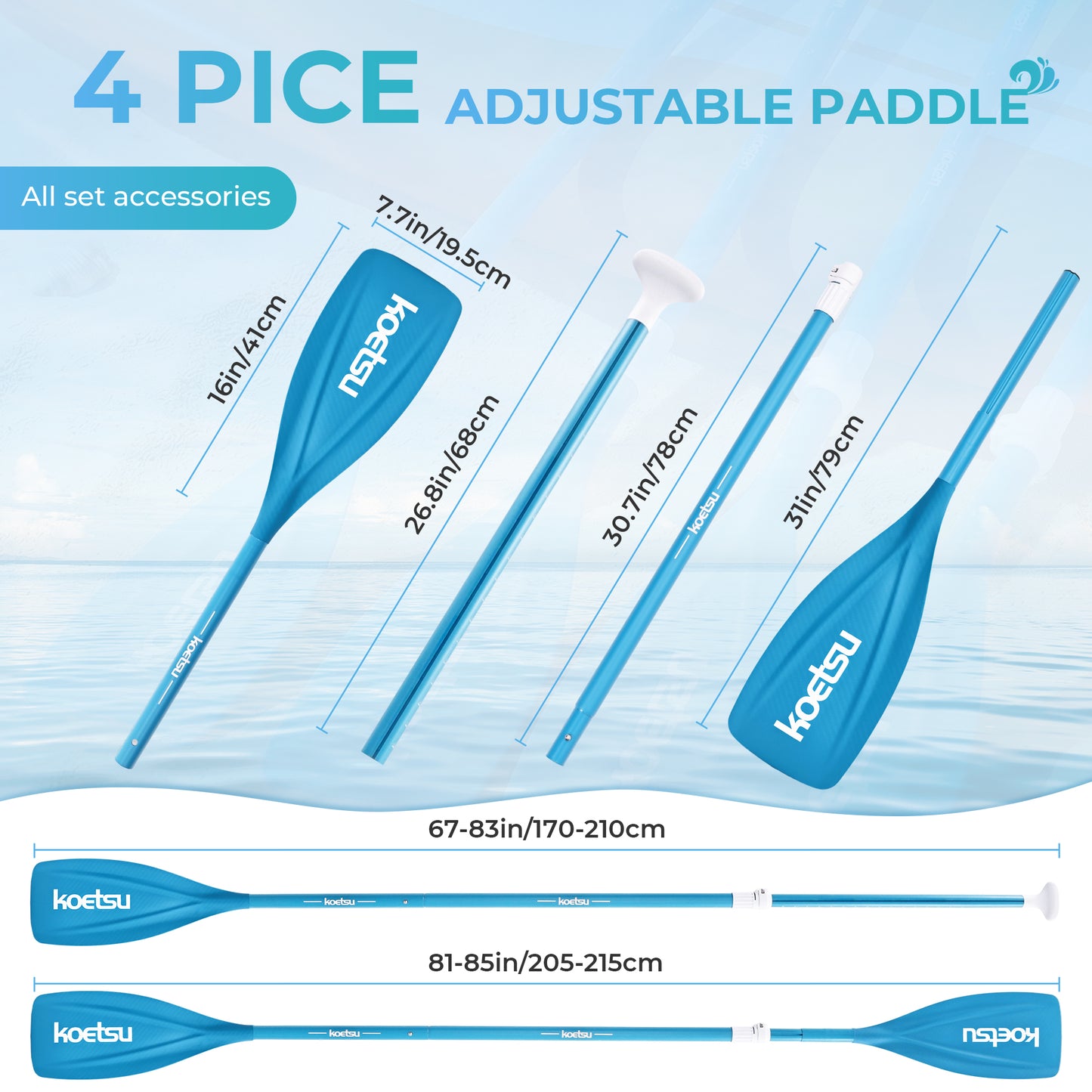 Kayak Paddle,KOETSU 2-in-1 Aluminum Alloy Boat Paddle Oars, Adjustable Canoe Board Paddles SUP Paddle Detachable 4 Piece, 85in,Green/Blue