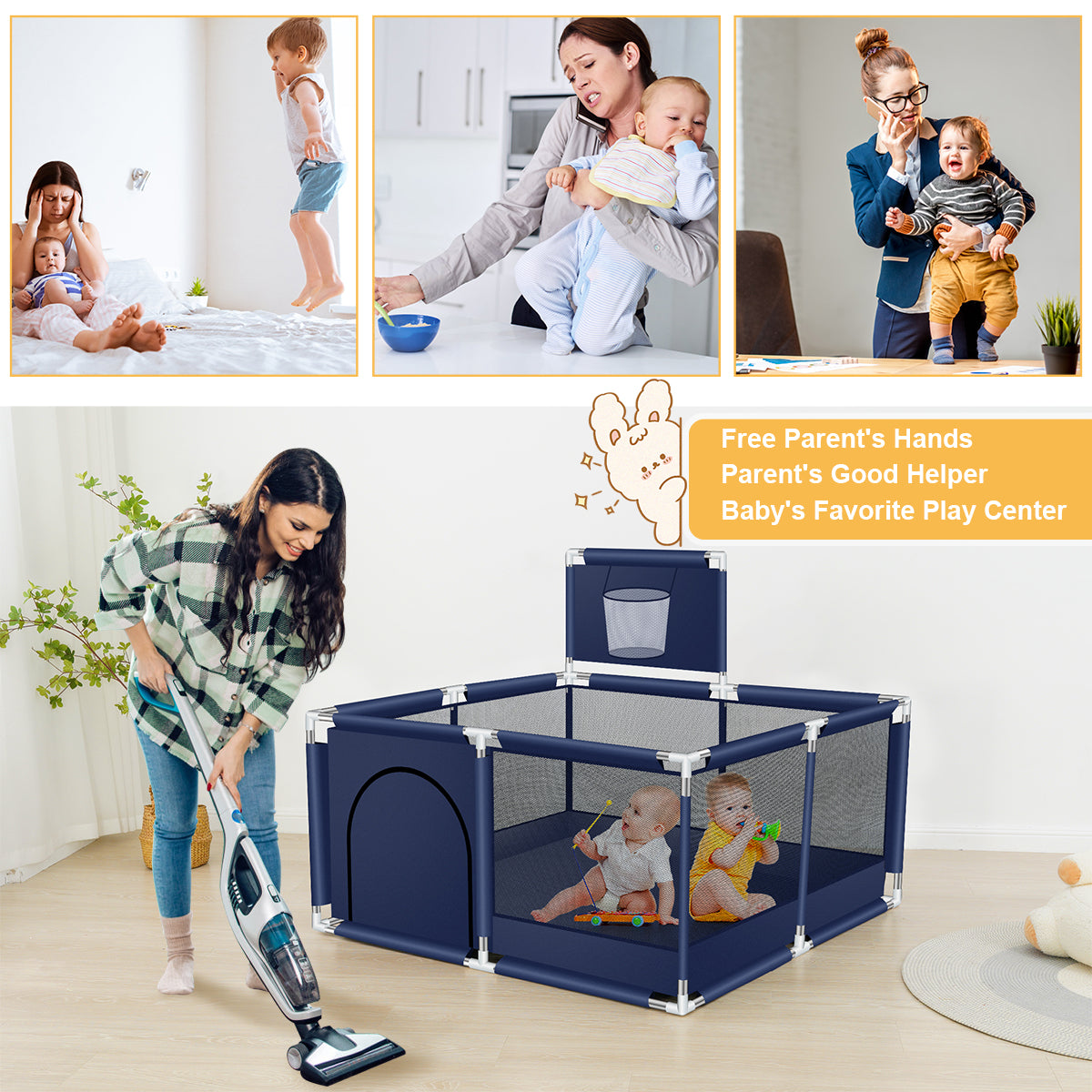 50 Inch Baby Playpen,Portable Playard Fence with Basketball Hoop Breathable Mesh for Indoors Outdoors Infant Toddler Kids