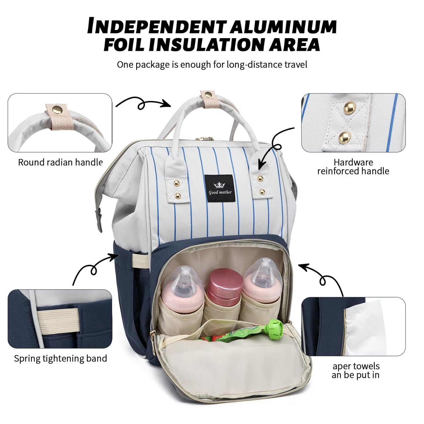 Diaper Bag Bacpack, HDJ Diaper Bag for Travel, Large Capacity Bacpack with Insulated Milk Bottle Pocket for Mommy,Navy/Black