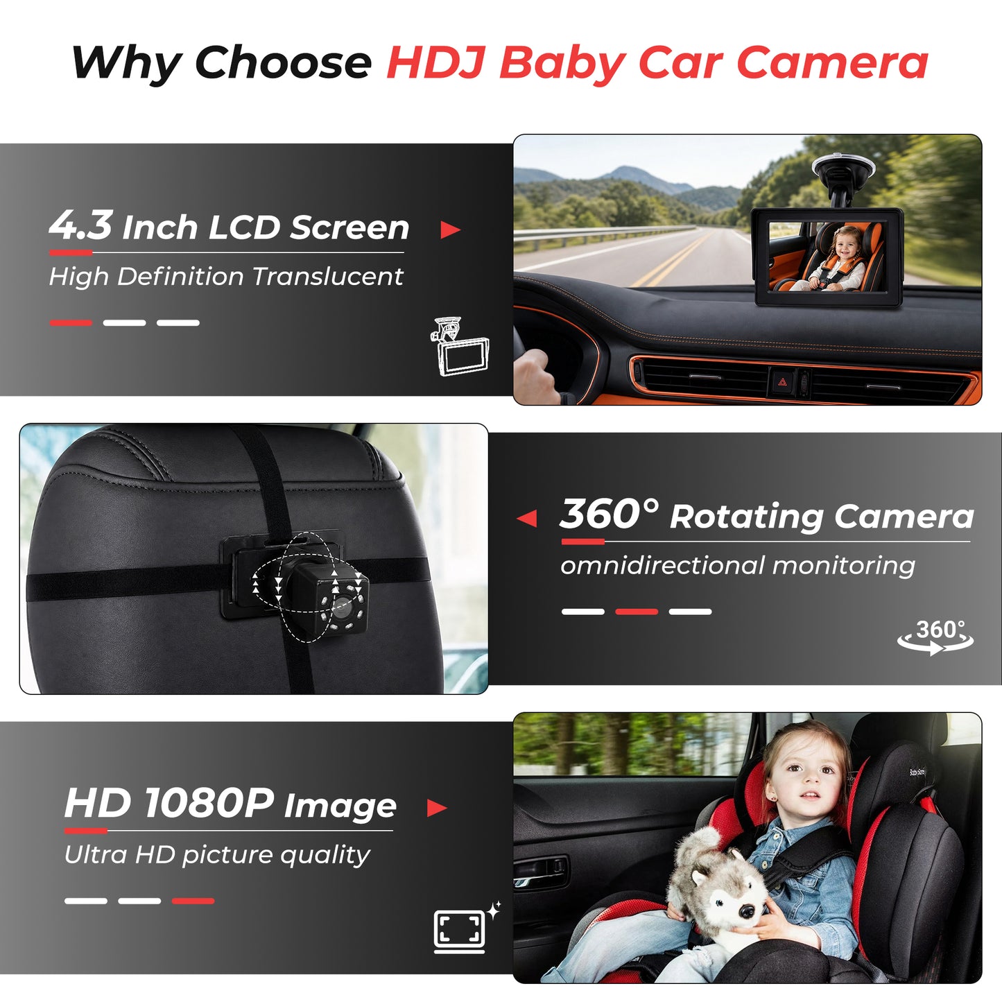 HDJ Baby Car Camera, 4.3" HD Night Vision Function Car Mirror Display, 360° Adjustable Safety Car Seat Mirror Camera Monitored Mirror with Wide Clear View