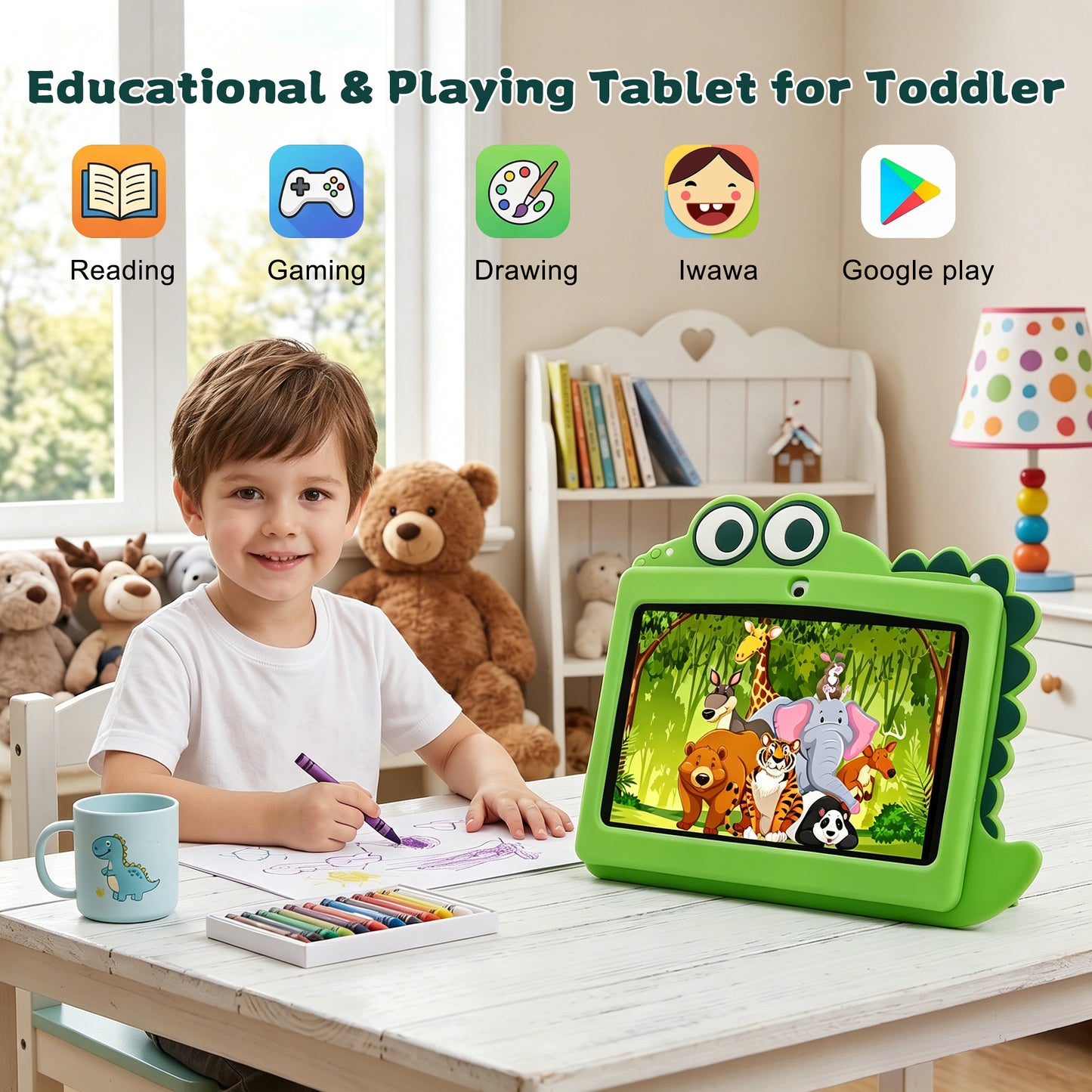 Kids Tablet, HDJ 7 inch Tablet for Children with Parent Control,32GB Android 13,WiFi,Bluetooth, Green/Pink