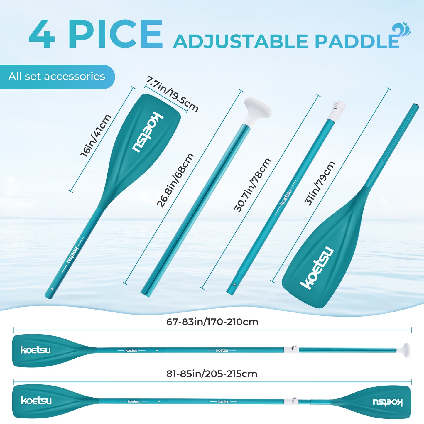 Kayak Paddle,KOETSU 2-in-1 Aluminum Alloy Boat Paddle Oars, Adjustable Canoe Board Paddles SUP Paddle Detachable 4 Piece, 85in,Green/Blue
