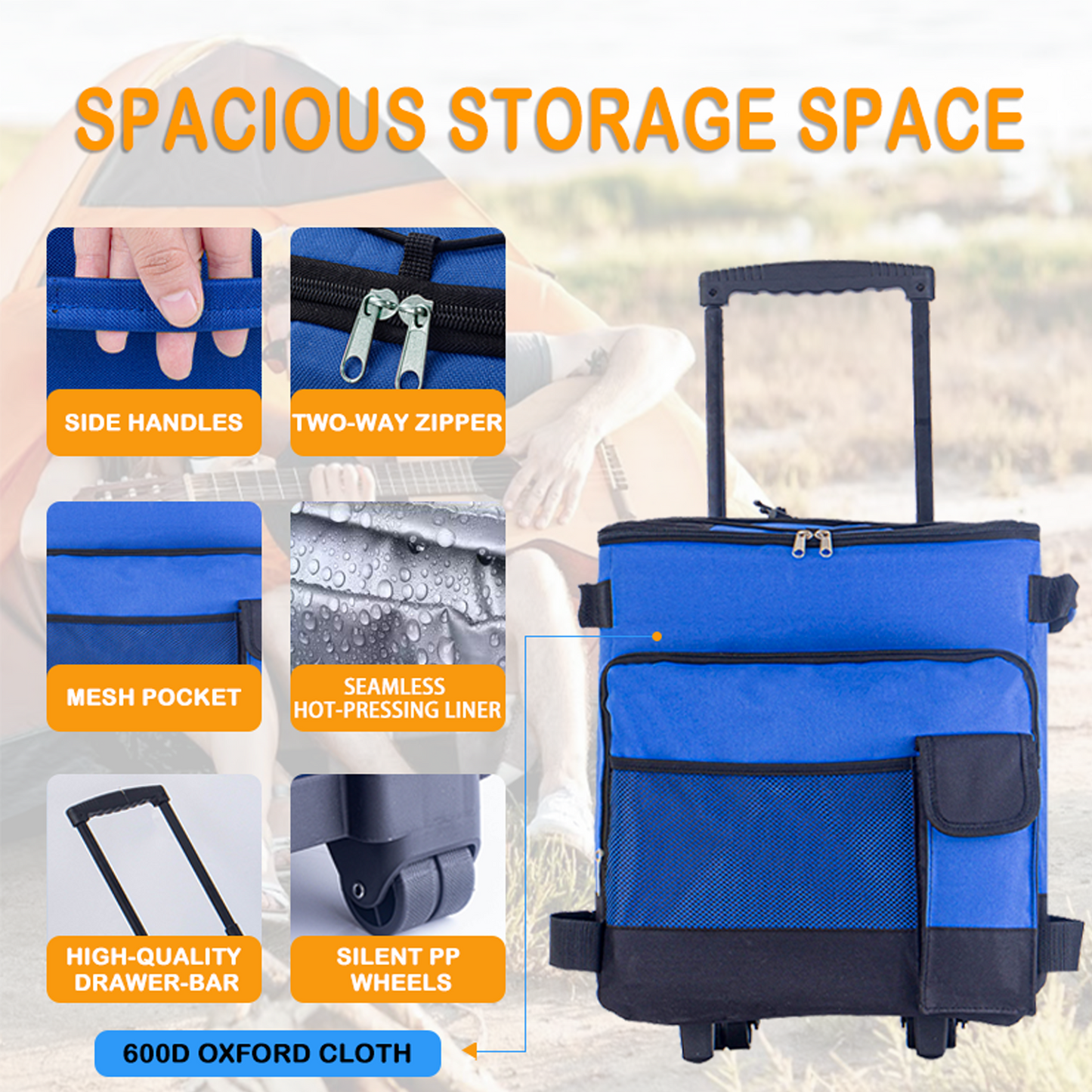 Rolling Cooler, HDJ 43L Large Leakproof Soft Cooler Bag with Wheels and Handle for Beach Camping Patio Travel Outdoor, Blue/Black/Grey/Red
