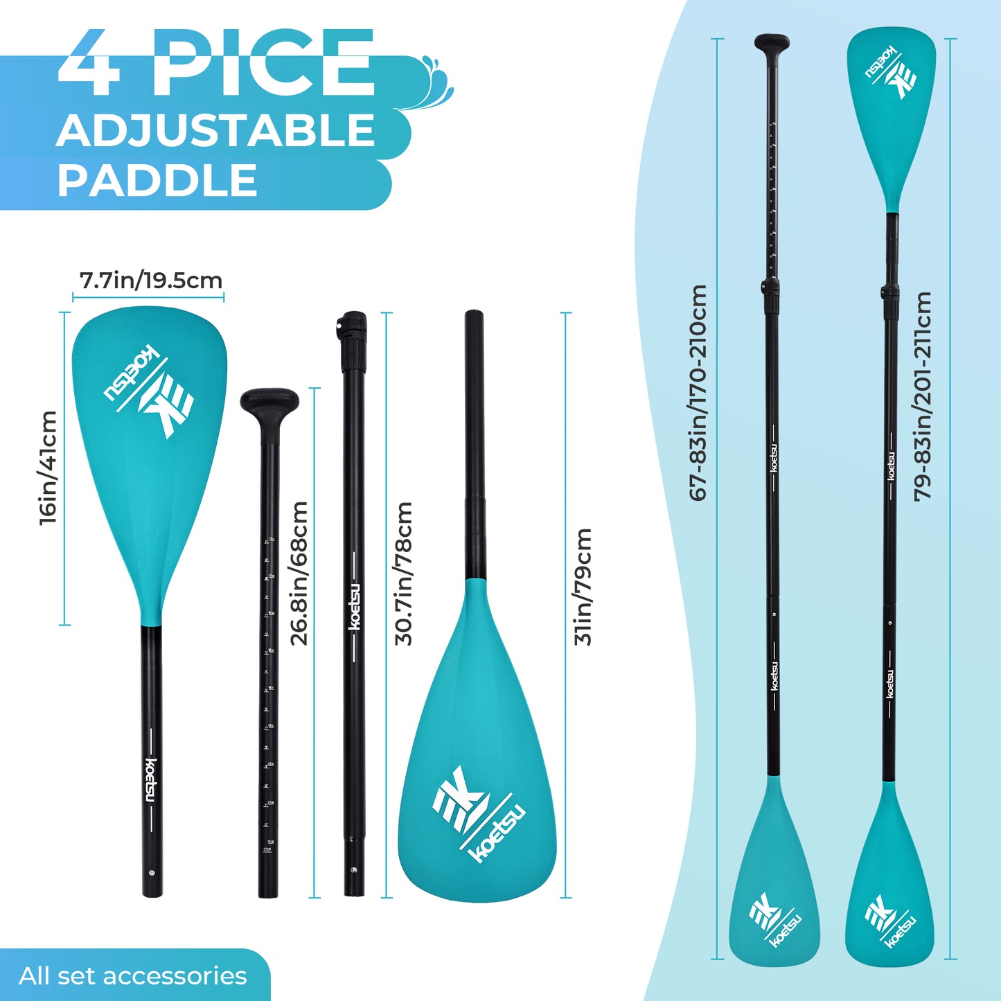 Kayak Paddle SUP Paddle,KOETSU 2-in-1 Adjustable Aluminum Alloy Boat Paddle Oars 67-83in, Detachable Canoe Board Paddle with Anti-Slip Grip,Blue/Green