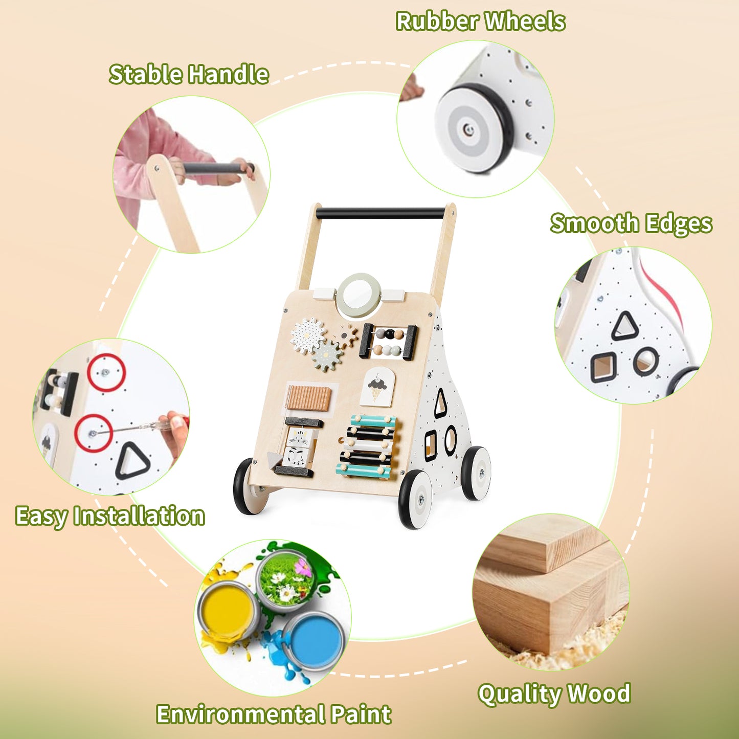 Wooden Baby Push Walker, HDJ 9 in 1 Baby Learning Walking Toys with Wheels for 1 Year Old Up, Develops Motor Skills and Stimulates Creativity, Todler Walker for Boys and Girls