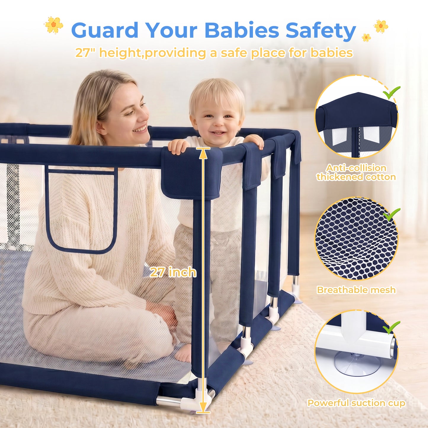 Baby Playpen, HDJ 71 inch Extra Large Baby Playard with Basketball Hoop, Toddlers Play Yard Fence for Indoors Outdoors, Black/Blue/Gray