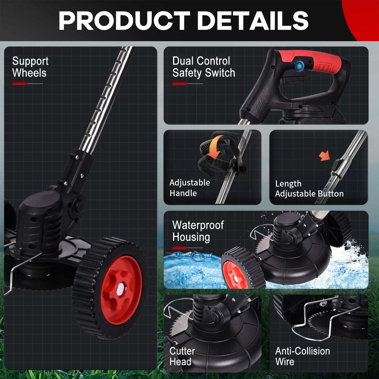 Cordless String Trimmer, HDJ 42V 48-in Telescopic Electric Weed Wacker on Wheels, Grass Trimmer with 4 Types Blades and 6000mAh Battery Powered for Garden, Yard, Black
