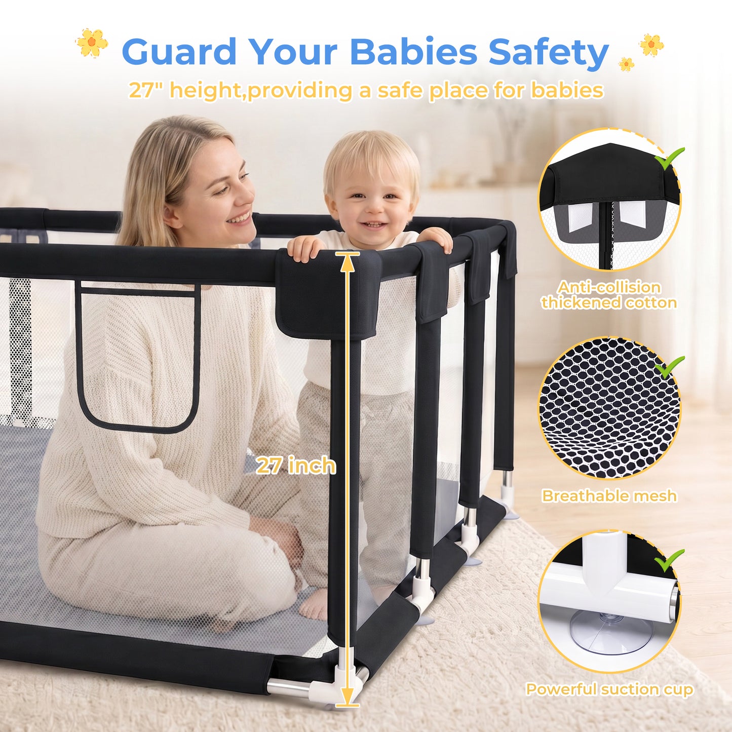 Baby Playpen, HDJ 71 inch Extra Large Baby Playard with Basketball Hoop, Toddlers Play Yard Fence for Indoors Outdoors, Black/Blue/Gray