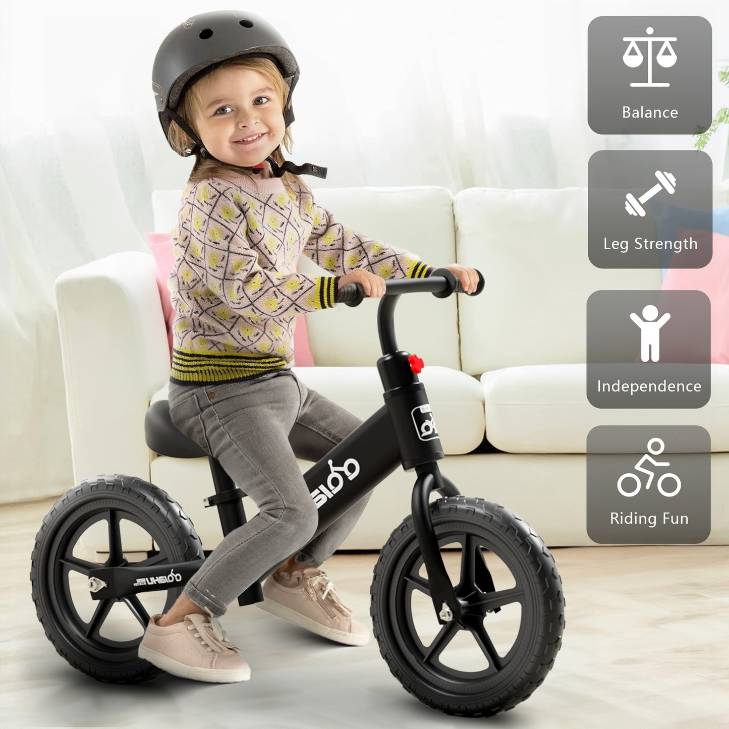 Kids Balance Bike, HDJ Toddlers Balance Bike for Boys and Girls, 15.7in Tires No Pedal Sport Training Bicycle for 3-6 Years Old Kids, Black/White