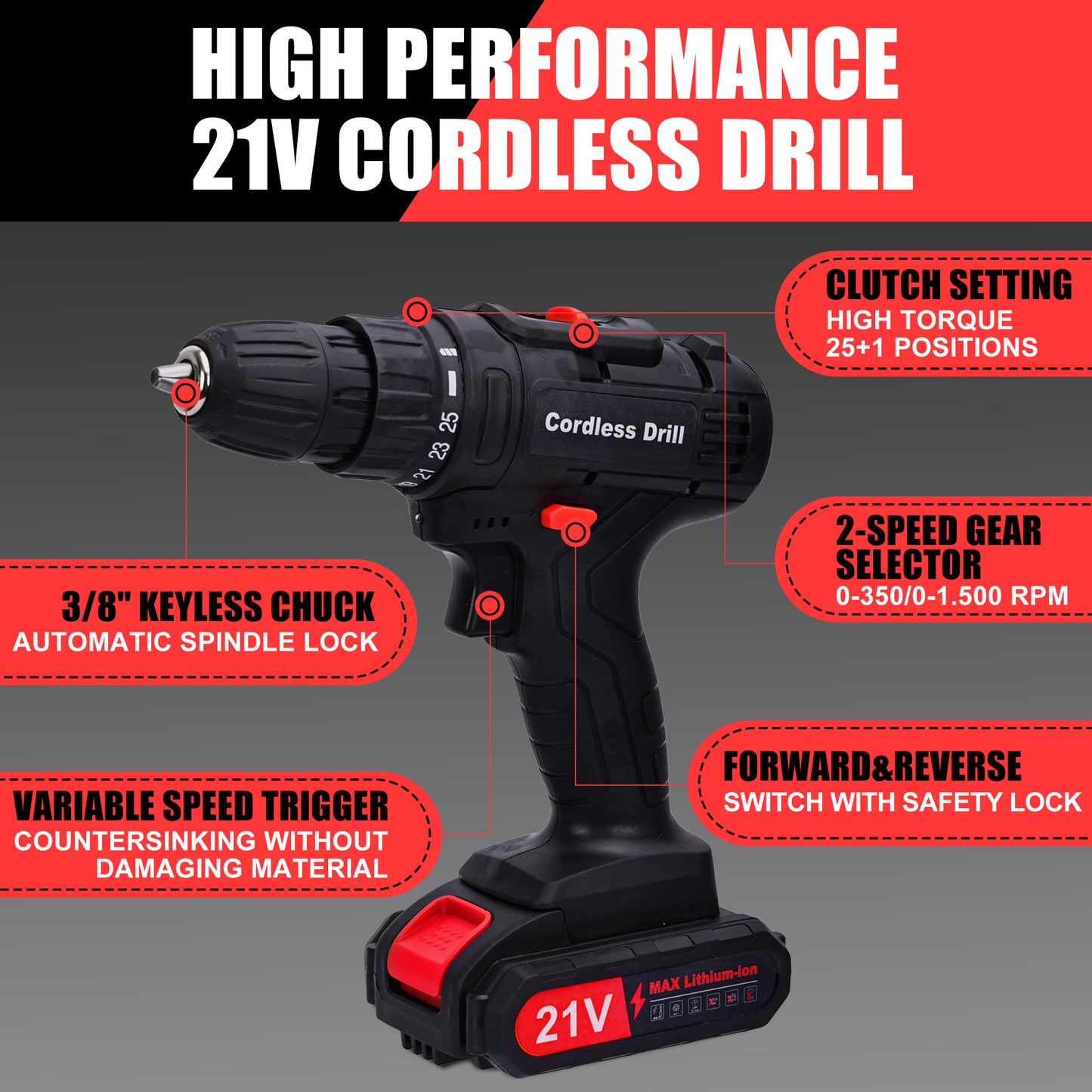 HDJ 21V Max Cordless Drill with 2 Batteries, 3/8'' Electric Drill Drivers Set Variable Speed ,Black