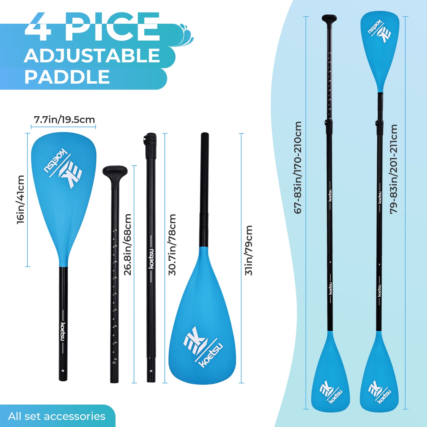 Kayak Paddle SUP Paddle,KOETSU 2-in-1 Adjustable Aluminum Alloy Boat Paddle Oars 67-83in, Detachable Canoe Board Paddle with Anti-Slip Grip,Blue/Green