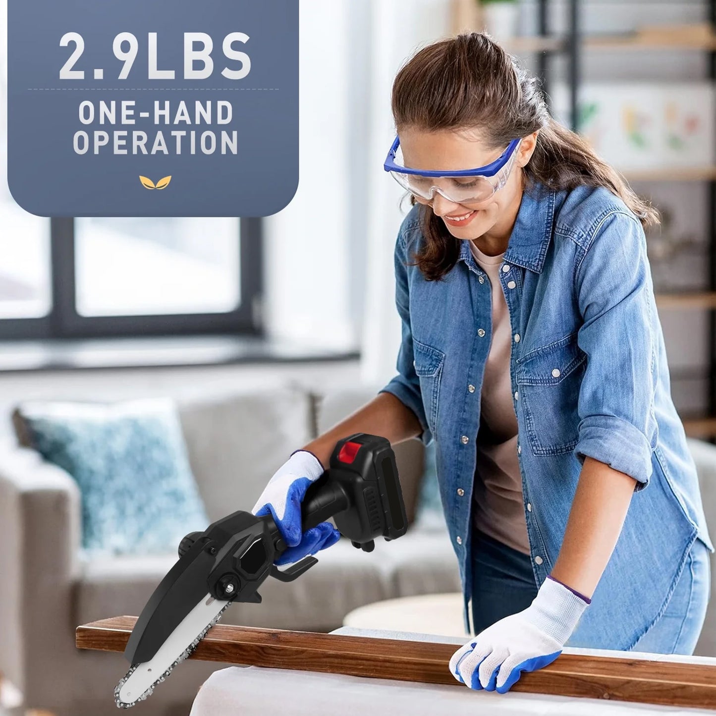 Cordless Chainsaw, HDJ Mini Chiansaw with 6 inch / 8 inch Chians, Portable Handheld Electric Chainsaw for Household & Garden