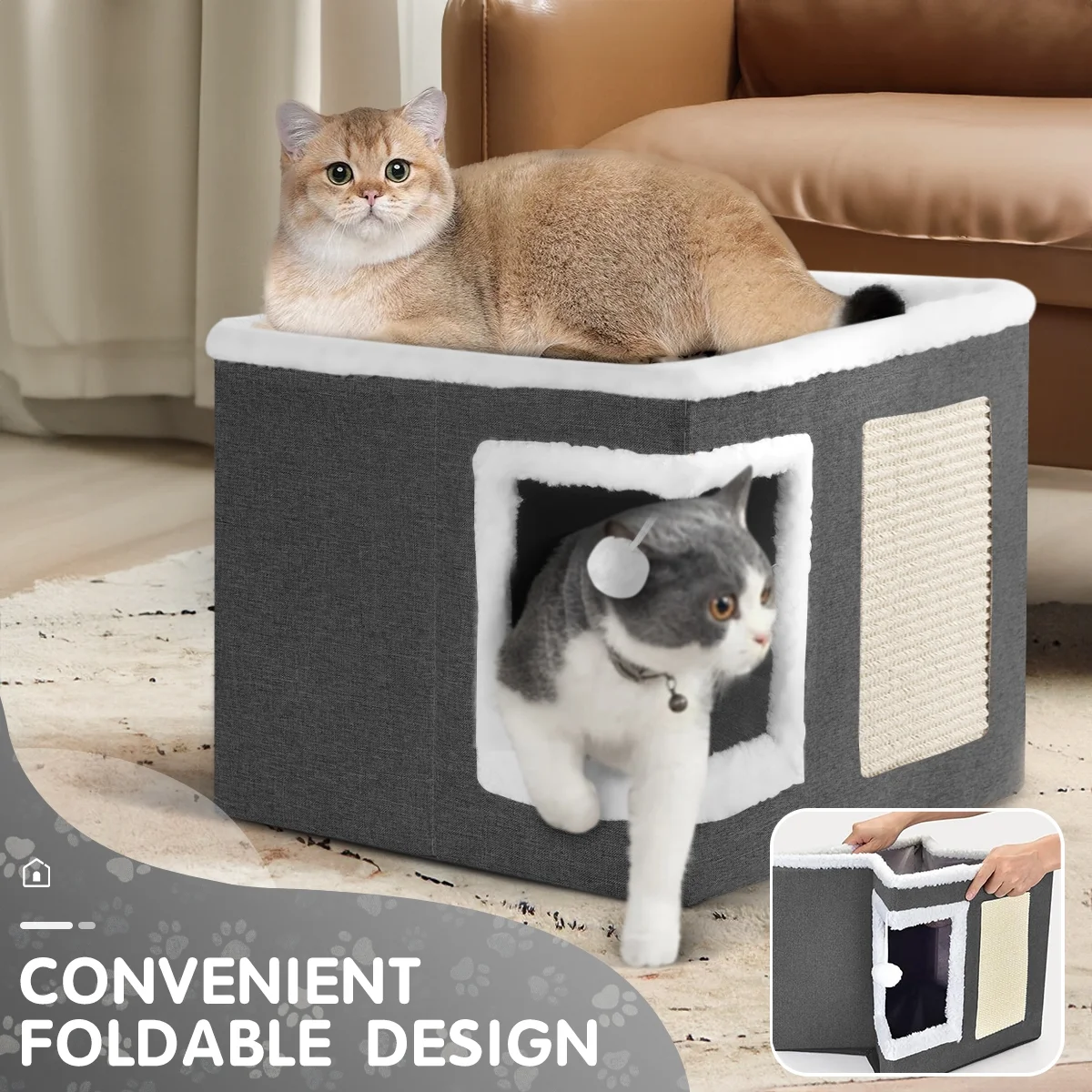 HDJ Indoor Pet Bed for Cats, Covered Foldable Kennel Bed with Scratching Board, Suitable for Many Small Pets, Dark Gray/Light Gray/Navy Blue