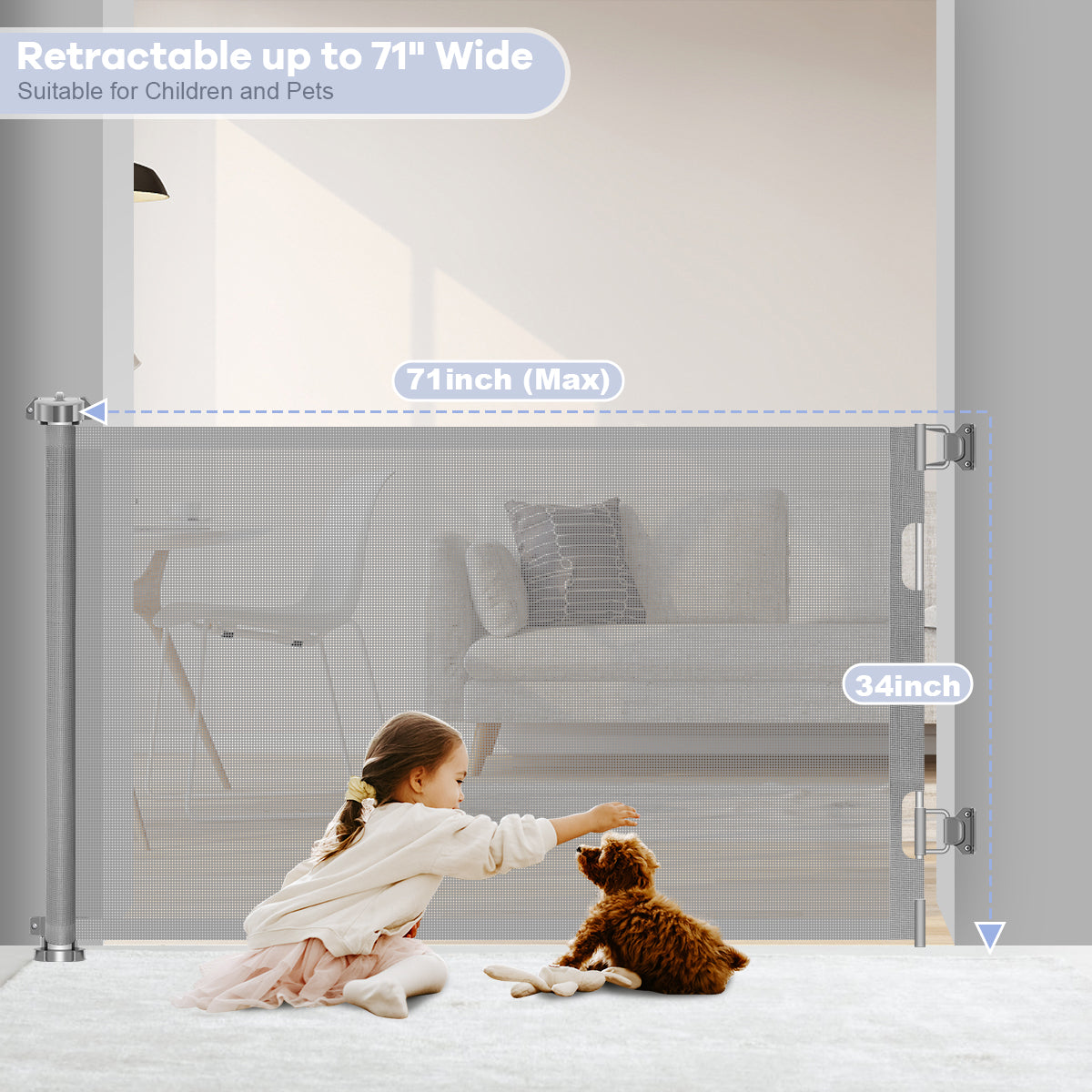 71" Extra Wide Retractable Baby Gate,34" Tall Mesh Baby Safety Gates for Stairs,Hallways,Doorways,Dog Gate Pet Gate for Indoor and Outdoor