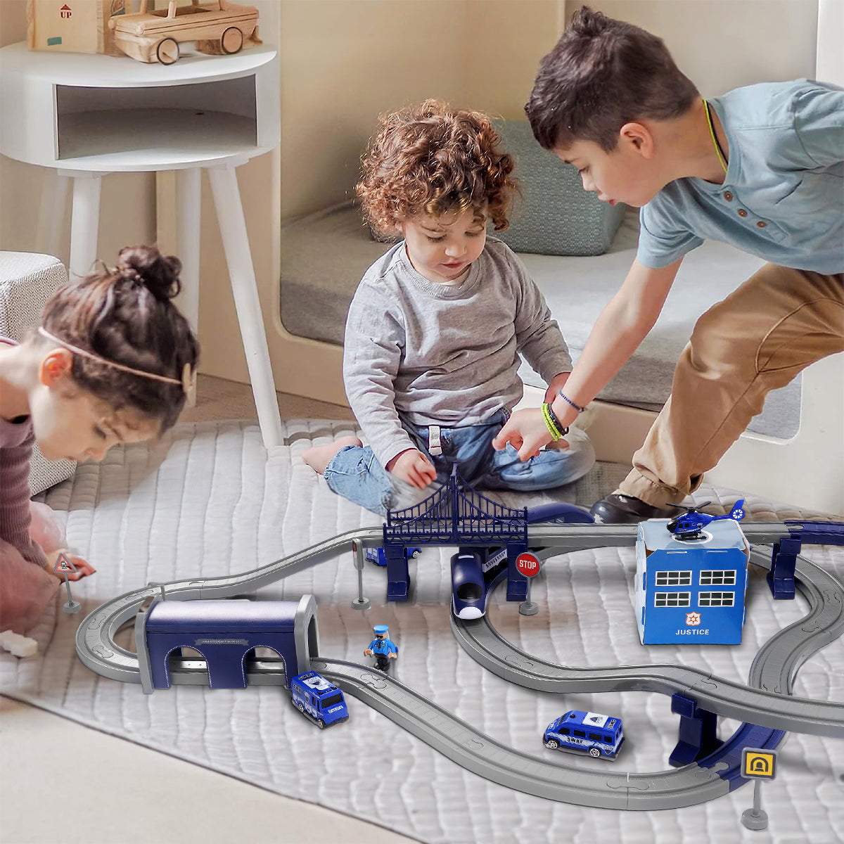 Toys Train Set for Kids, HDJ 92PCS Race Track Set for Boys Christmas Birthday Gift ,Police Toy with Cars, Copter
