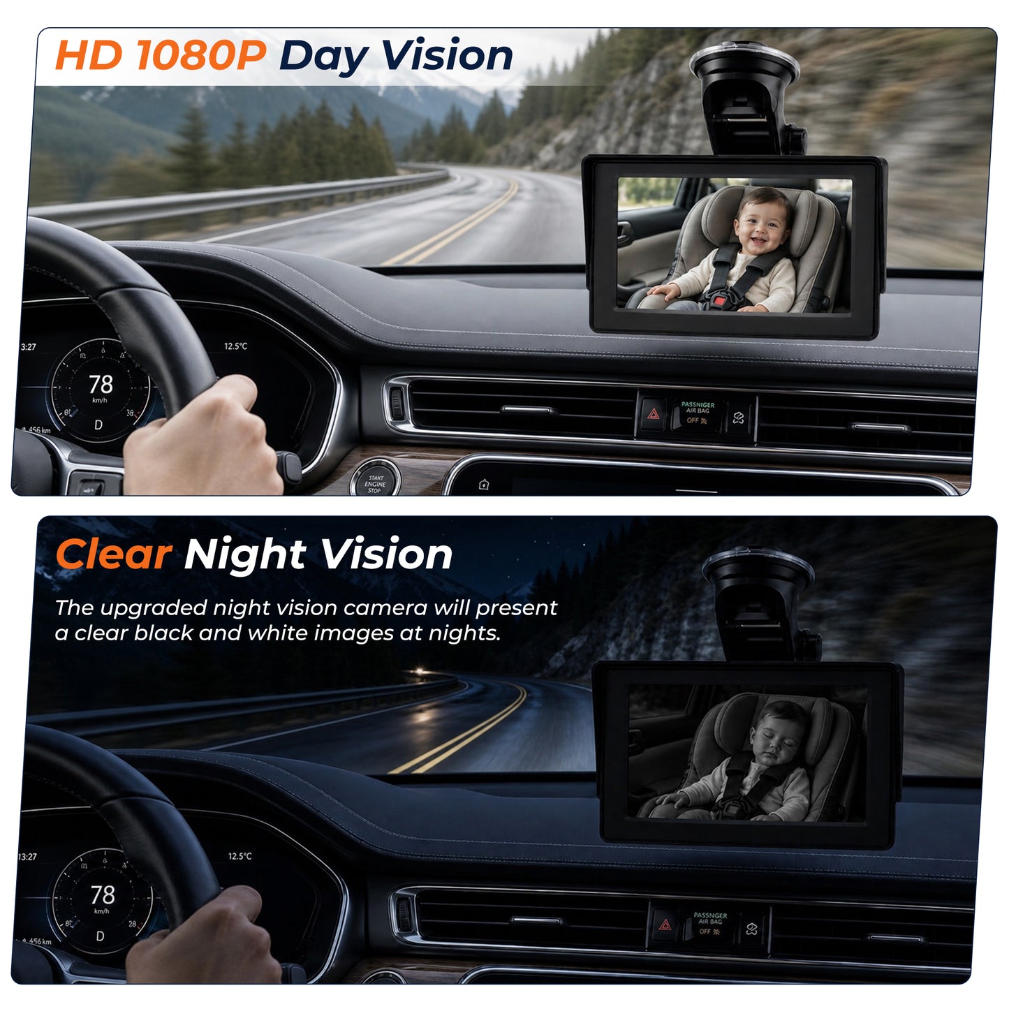HDJ Baby Car Camera, 4.3" HD Night Vision Function Car Mirror Display, 360° Adjustable Safety Car Seat Mirror Camera Monitored Mirror with Wide Clear View, Easily Observe Baby’s Move