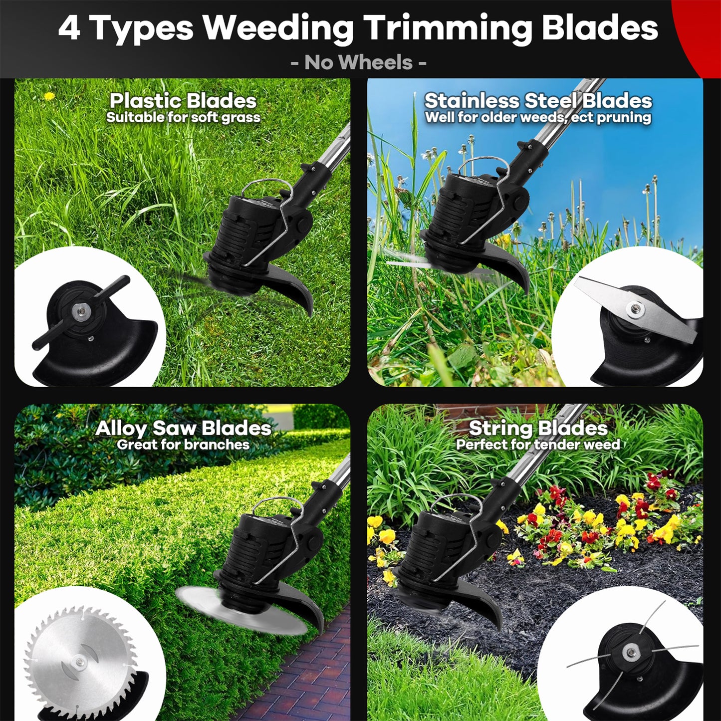 Cordless String Trimmer, HDJ 42V 48-in Telescopic Electric Weed Wacker on Wheels, Grass Trimmer with 4 Types Blades and 6000mAh Battery Powered for Garden, Yard, Black