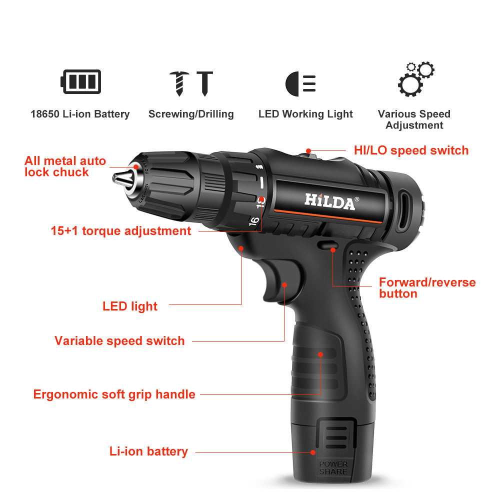 Cordless Drill, HDJ 12V Impact Hand Drill with Rechargeable Battery for DIY and Professional Tasks