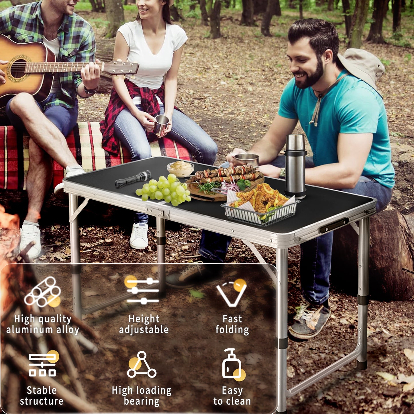Folding Outdoor Picnic Camping Table, HDJ Portable Aluminum Kitchen Grill Table 47" x 24" with Adjustable Height for Travel Beach, Backyards, BBQ, Picnic, Black