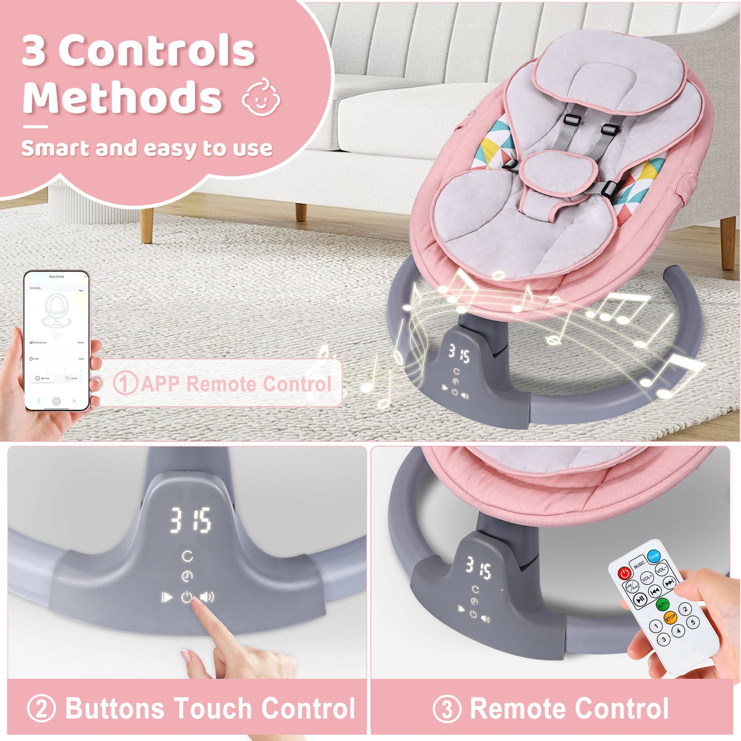 Baby Swing, HDJ Baby Swing for Infants, Portable Electric Baby Rocker with 5 Sway Speed, 10 Songs, APP Remote and Touch Screen Control, Bluetooth Music, Pink