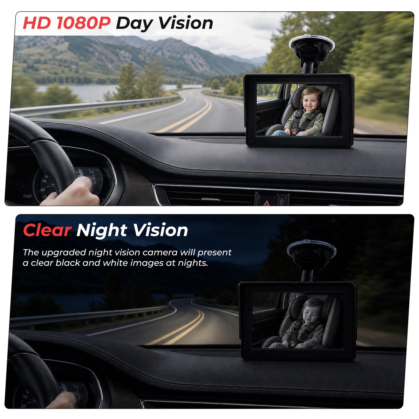 HDJ Baby Car Camera, 4.3" HD Night Vision Function Car Mirror Display, 360° Adjustable Safety Car Seat Mirror Camera Monitored Mirror with Wide Clear View