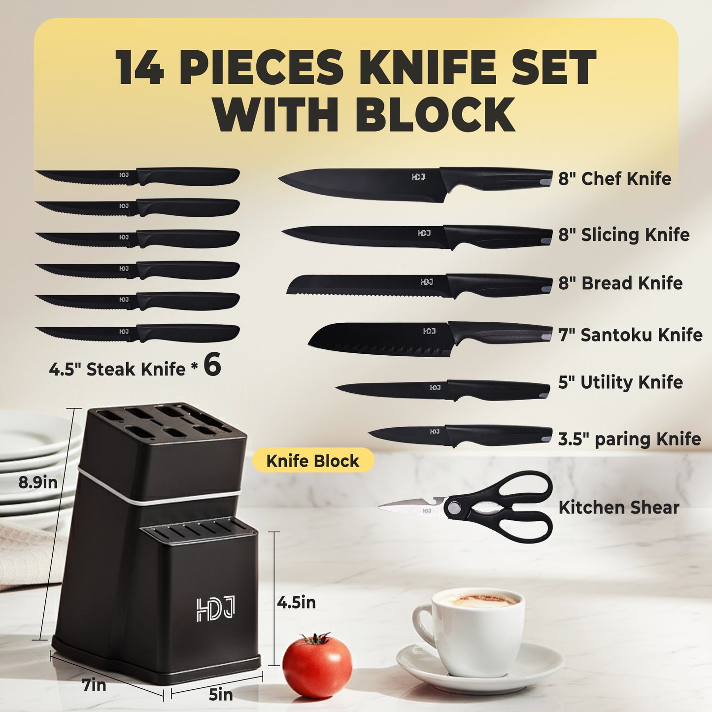 HDJ Kitchen Knife Set, 14Pcs Knife Set with Block and Built-in Sharpener, Healthy Anti-Rust Coating, Black