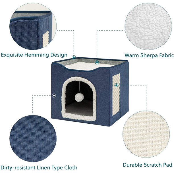 HDJ Cat Bed with Scratch Pad, Cat House with Fluffy Ball Hanging for Cat, Dog,Pets ,16.5x16.5x14 inches