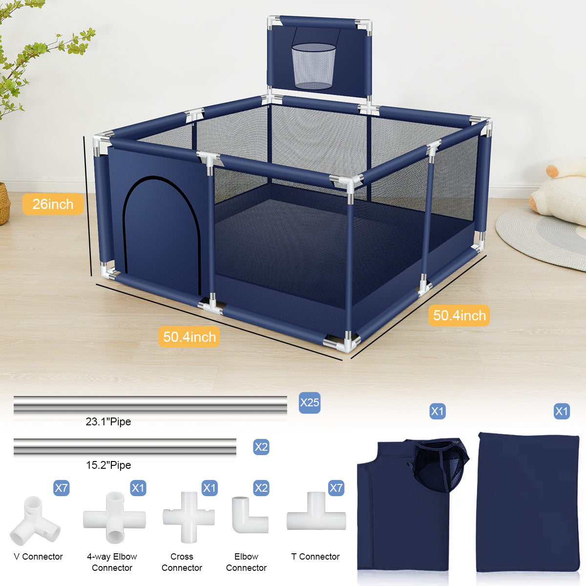 50 Inch Baby Playpen,Portable Playard Fence with Basketball Hoop Breathable Mesh for Indoors Outdoors Infant Toddler Kids