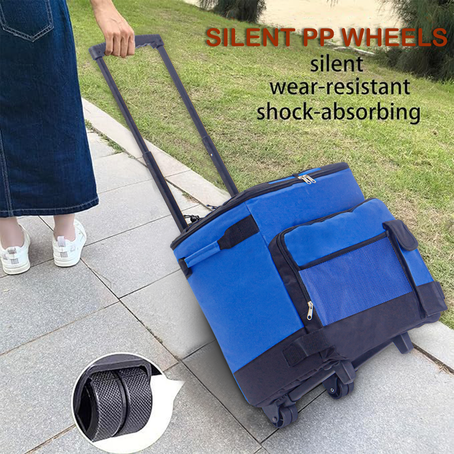 Rolling Cooler, HDJ 43L Large Leakproof Soft Cooler Bag with Wheels and Handle for Beach Camping Patio Travel Outdoor, Blue/Black/Grey/Red