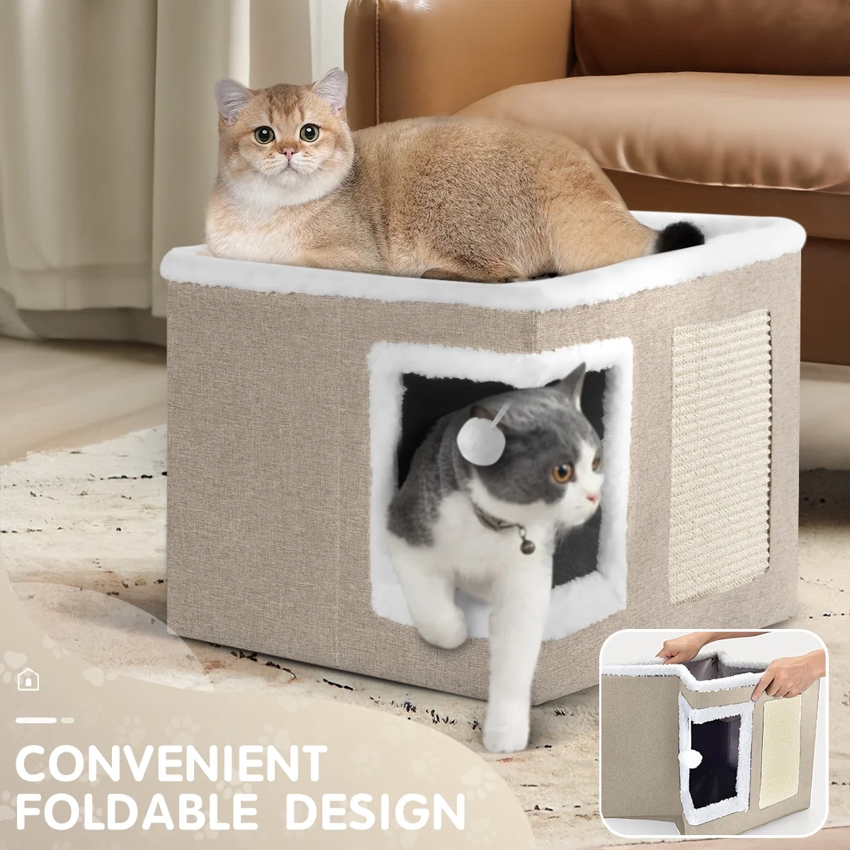 HDJ Indoor Pet Bed for Cats, Covered Foldable Kennel Bed with Scratching Board, Suitable for Many Small Pets, Dark Gray/Light Gray/Navy Blue