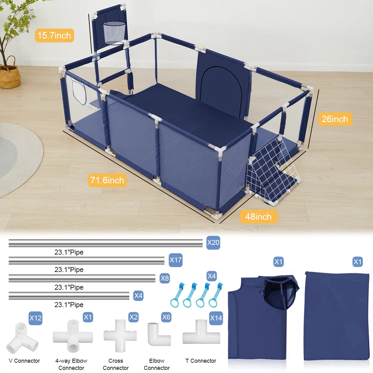 Baby Playpen,71 Inch Extra Large Baby Playard With Basketball Hoop and Breathable Mesh, Baby Play Fence for Indoors Outdoors