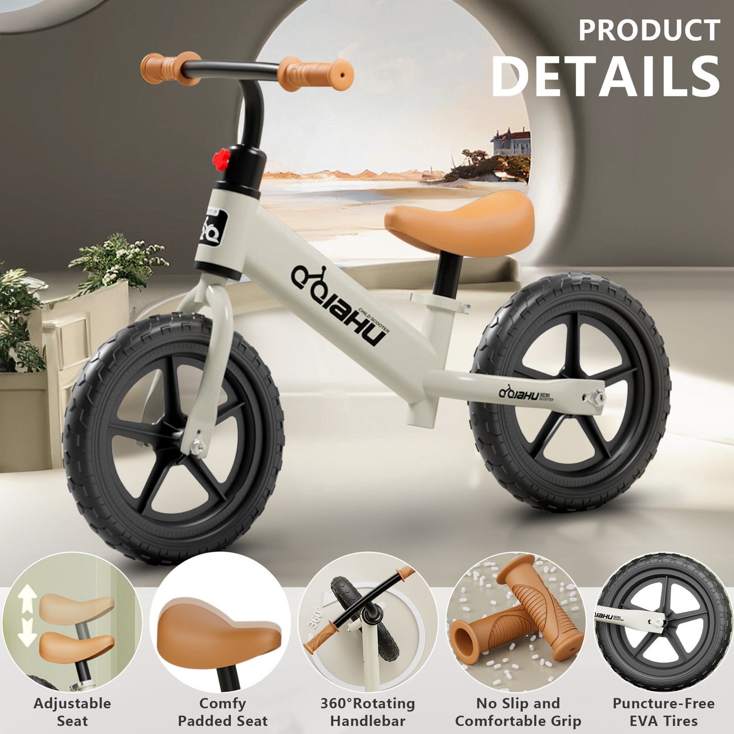 Kids Balance Bike, HDJ Toddlers Balance Bike for Boys and Girls, 15.7in Tires No Pedal Sport Training Bicycle for 3-6 Years Old Kids, Black/White
