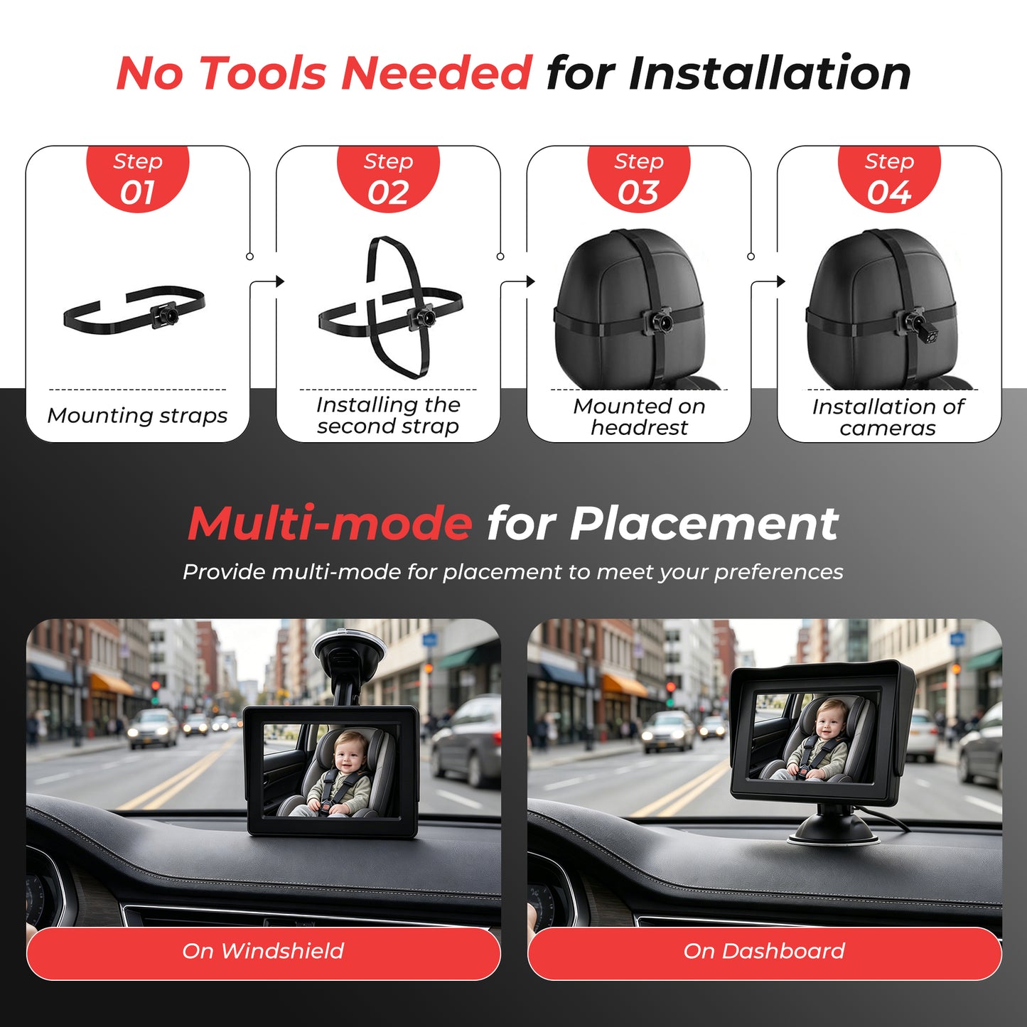 HDJ Baby Car Camera, 4.3" HD Night Vision Function Car Mirror Display, 360° Adjustable Safety Car Seat Mirror Camera Monitored Mirror with Wide Clear View