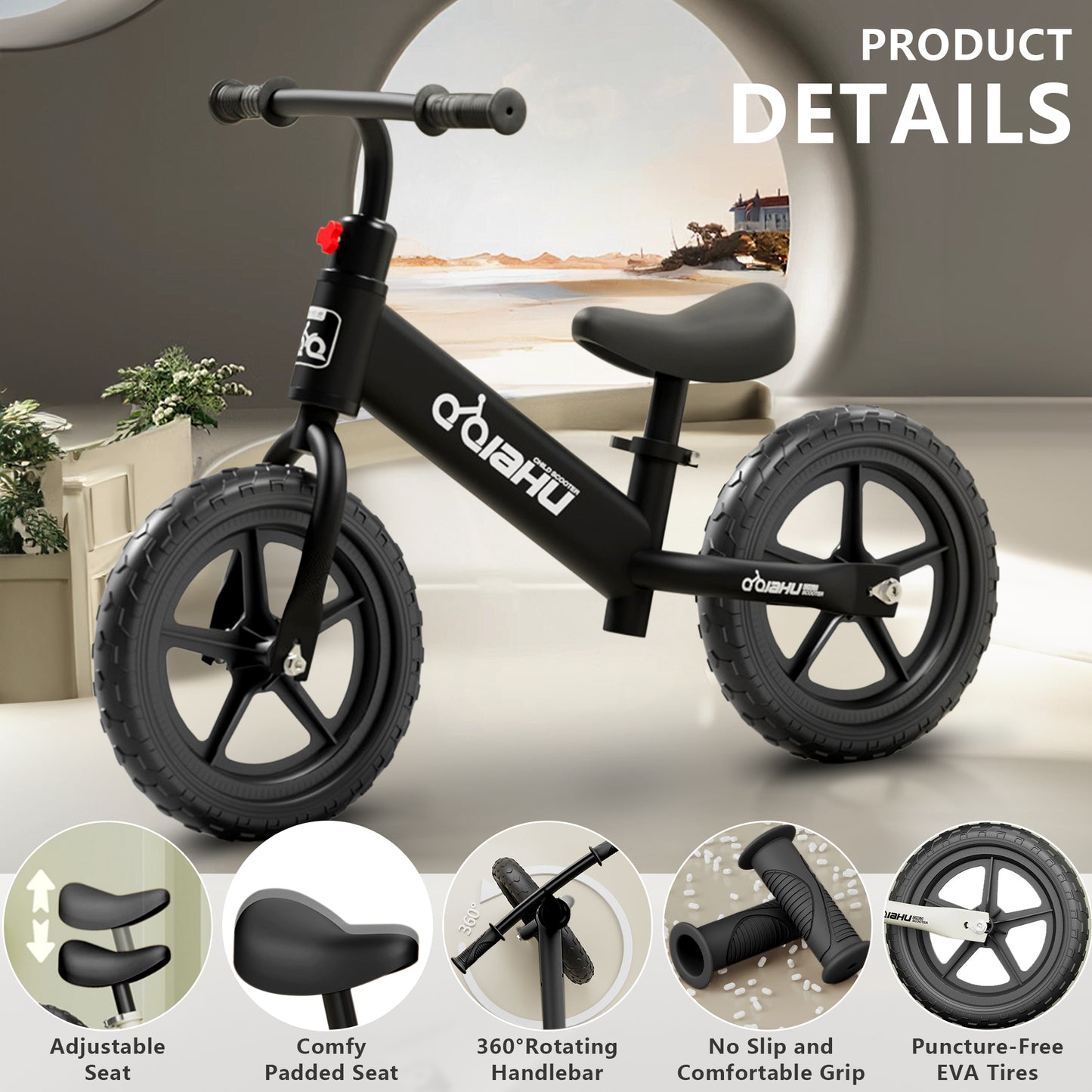 Kids Balance Bike, HDJ Toddlers Balance Bike for Boys and Girls, 15.7in Tires No Pedal Sport Training Bicycle for 3-6 Years Old Kids, Black/White