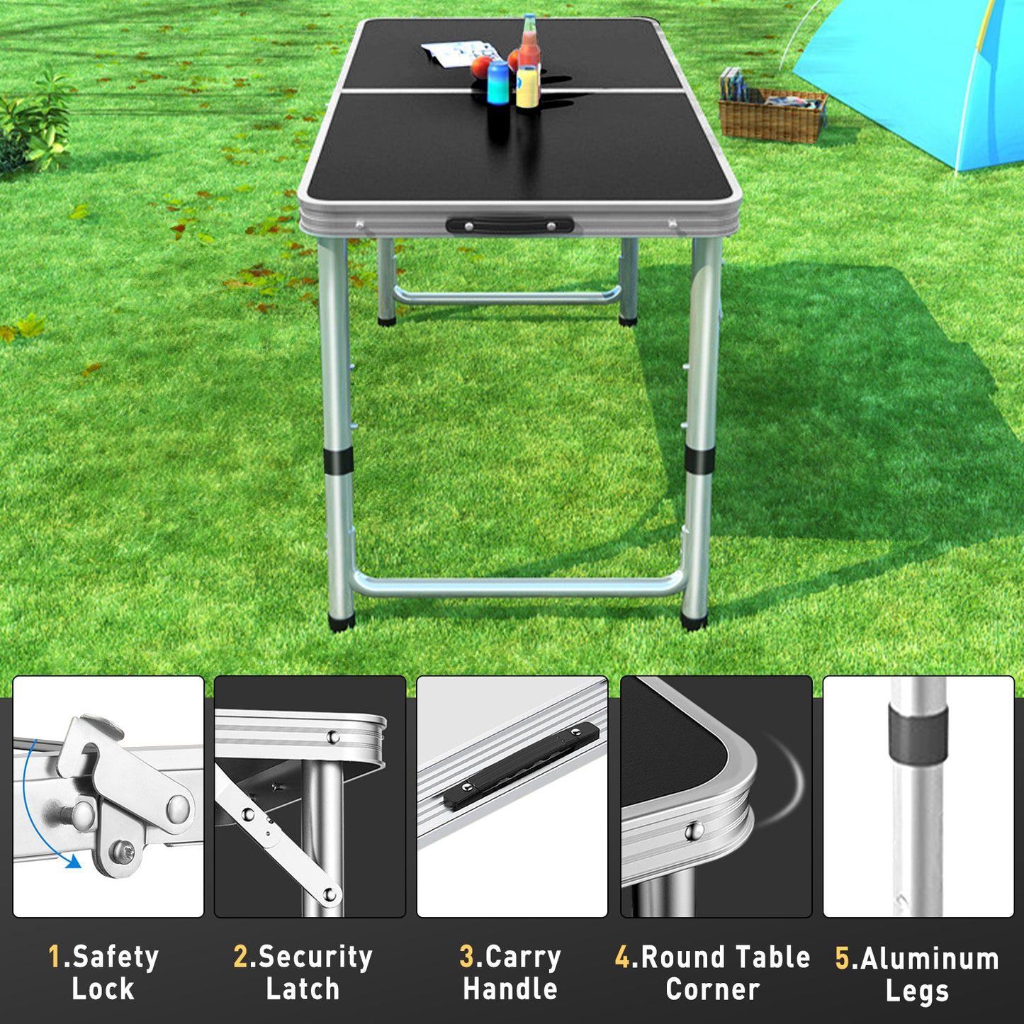 Folding Outdoor Picnic Camping Table, HDJ Portable Aluminum Kitchen Grill Table 47" x 24" with Adjustable Height for Travel Beach, Backyards, BBQ, Picnic, Black