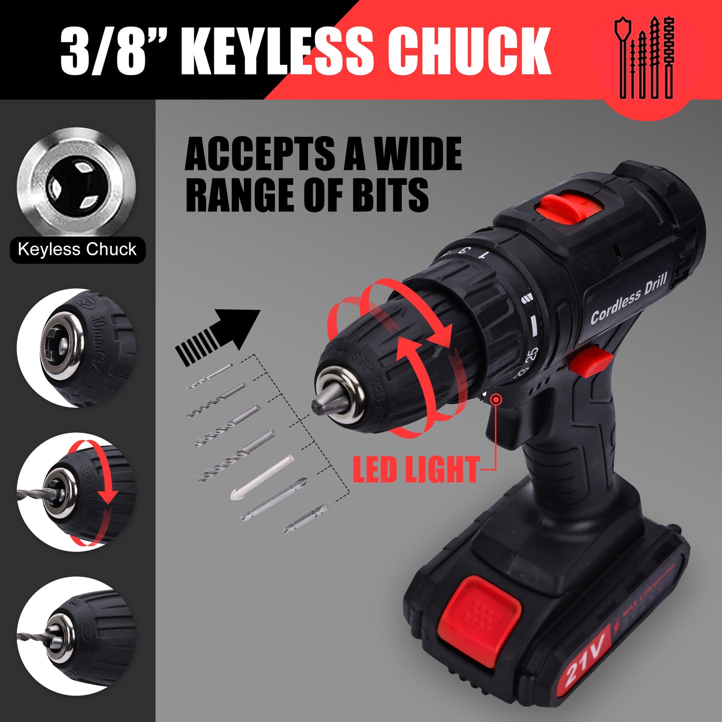 HDJ 21V Max Cordless Drill with 2 Batteries, 3/8'' Electric Drill Drivers Set Variable Speed ,Black
