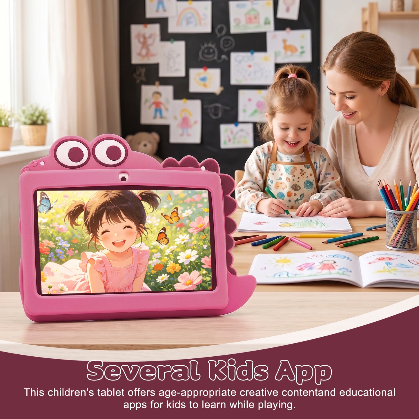 Kids Tablet, HDJ 7 inch Tablet for Children with Parent Control,32GB Android 13,WiFi,Bluetooth, Green/Pink