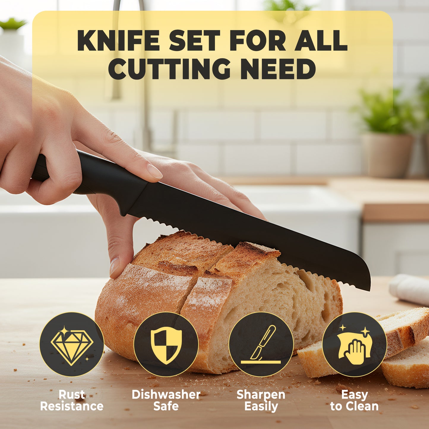 HDJ Kitchen Knife Set, 14Pcs Knife Set with Block and Built-in Sharpener, Healthy Anti-Rust Coating, Black