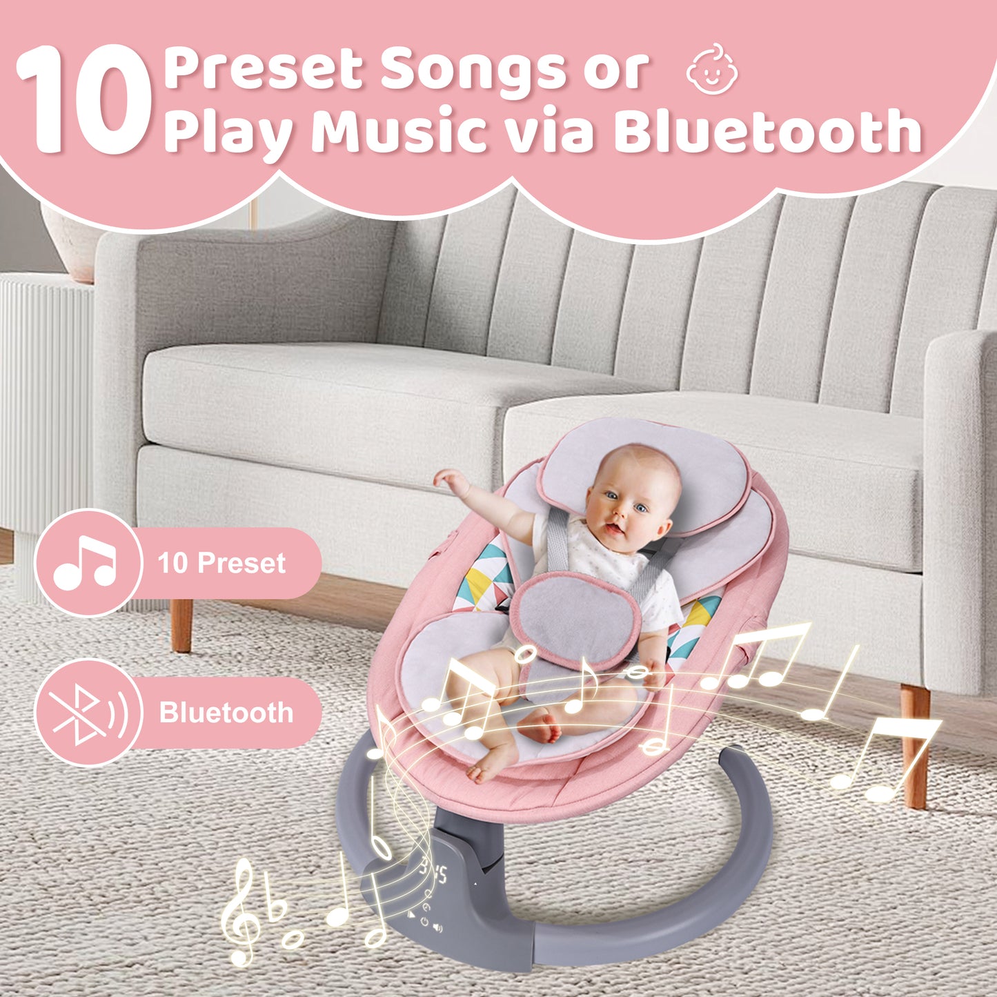 Baby Swing, HDJ Baby Swing for Infants, Portable Electric Baby Rocker with 5 Sway Speed, 10 Songs, APP Remote and Touch Screen Control, Bluetooth Music, Pink