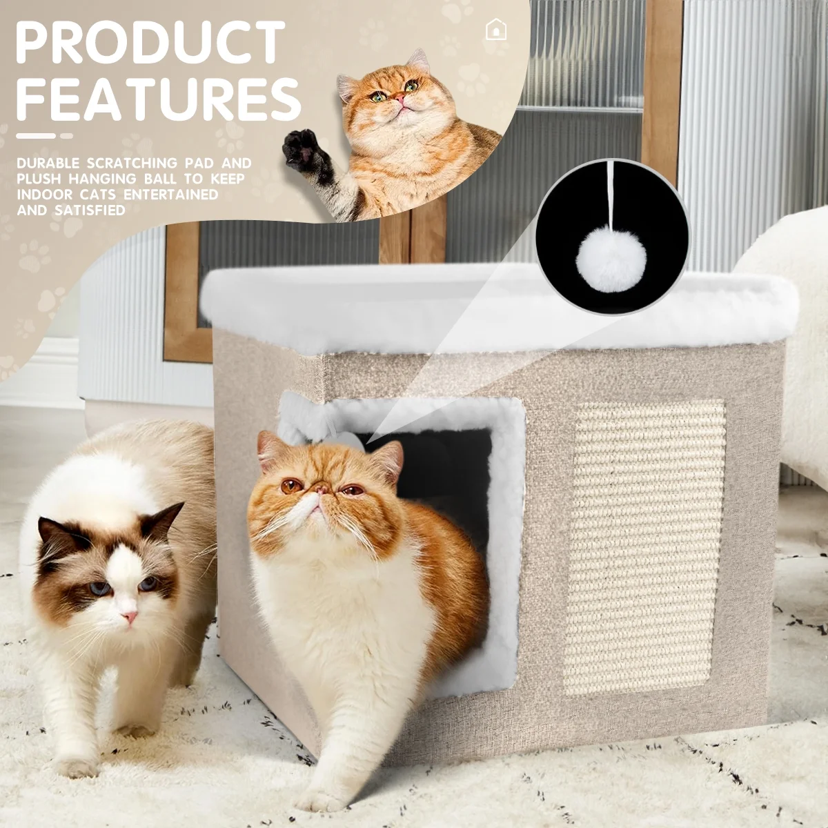 HDJ Indoor Pet Bed for Cats, Covered Foldable Kennel Bed with Scratching Board, Suitable for Many Small Pets, Dark Gray/Light Gray/Navy Blue