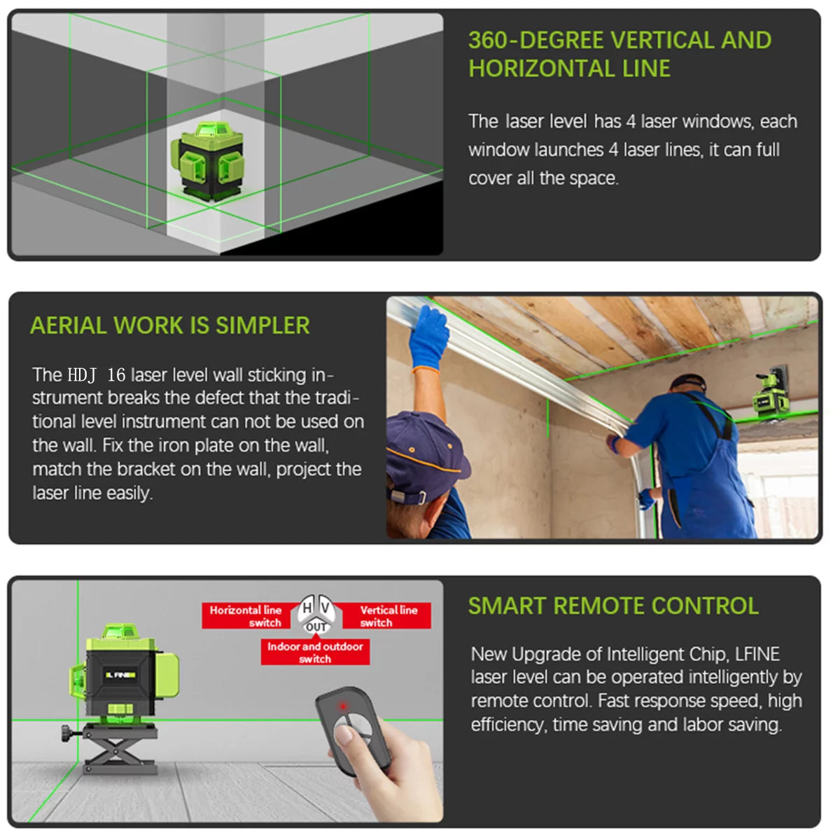 Laser Level Self Leveling,HDJ 16 Lines 4x360° Laser Level Tool,4D Green Cross Horizontal Vertical Laser Tool With Remote Control and 2PCS 2400mAh Battery